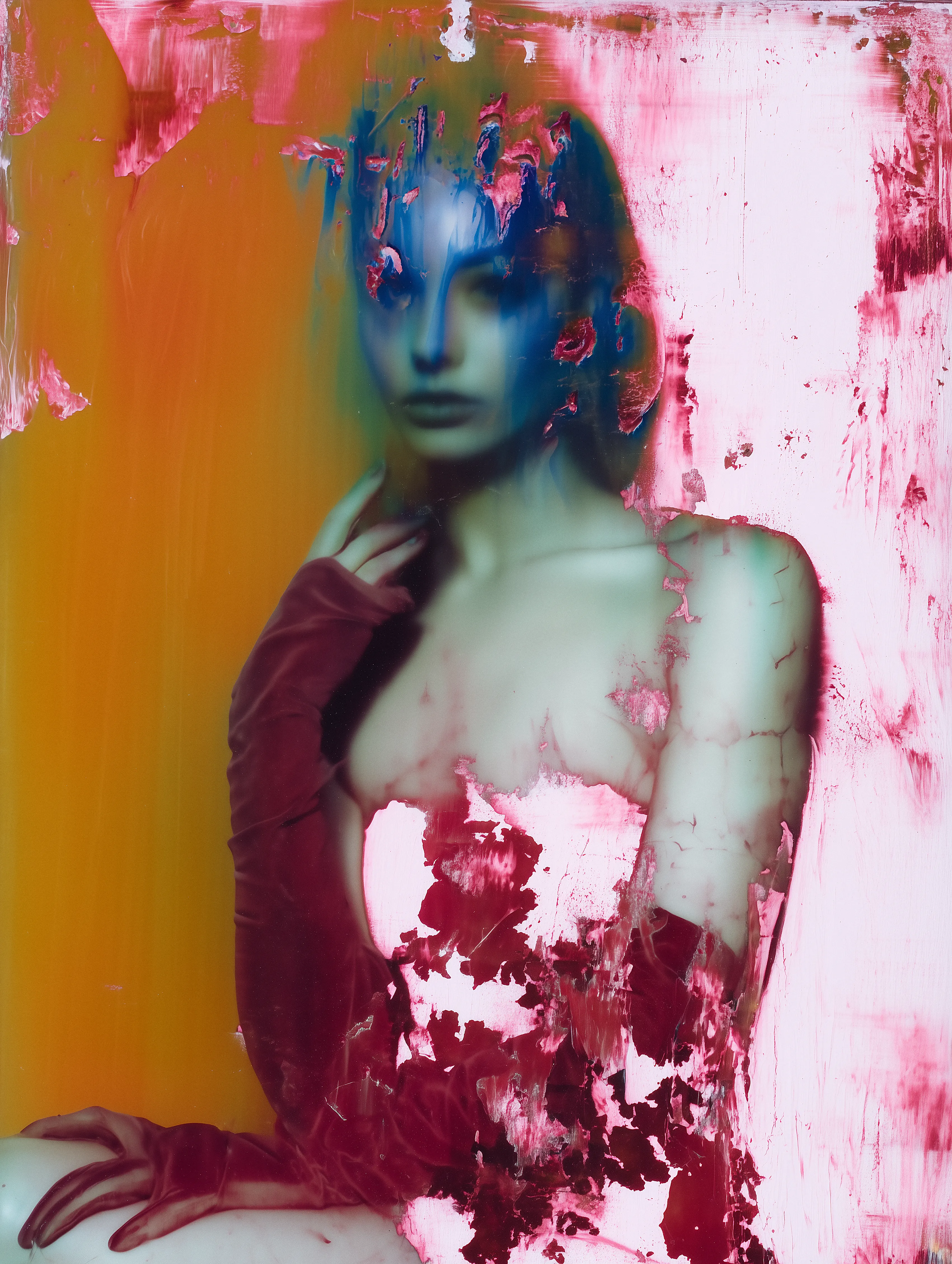 In this work, the portrait resists coherence. The figure appears only to disintegrate, her image caught in a fragile state between formation and collapse. Layers of saturated pigment and digital erosion stage a dialogue between beauty and disappearance, suggesting that identity itself is never fixed but always emergent. What begins as a likeness dissolves into painterly abstraction, a visual record of the machine’s faltering attempt to hold memory in place.