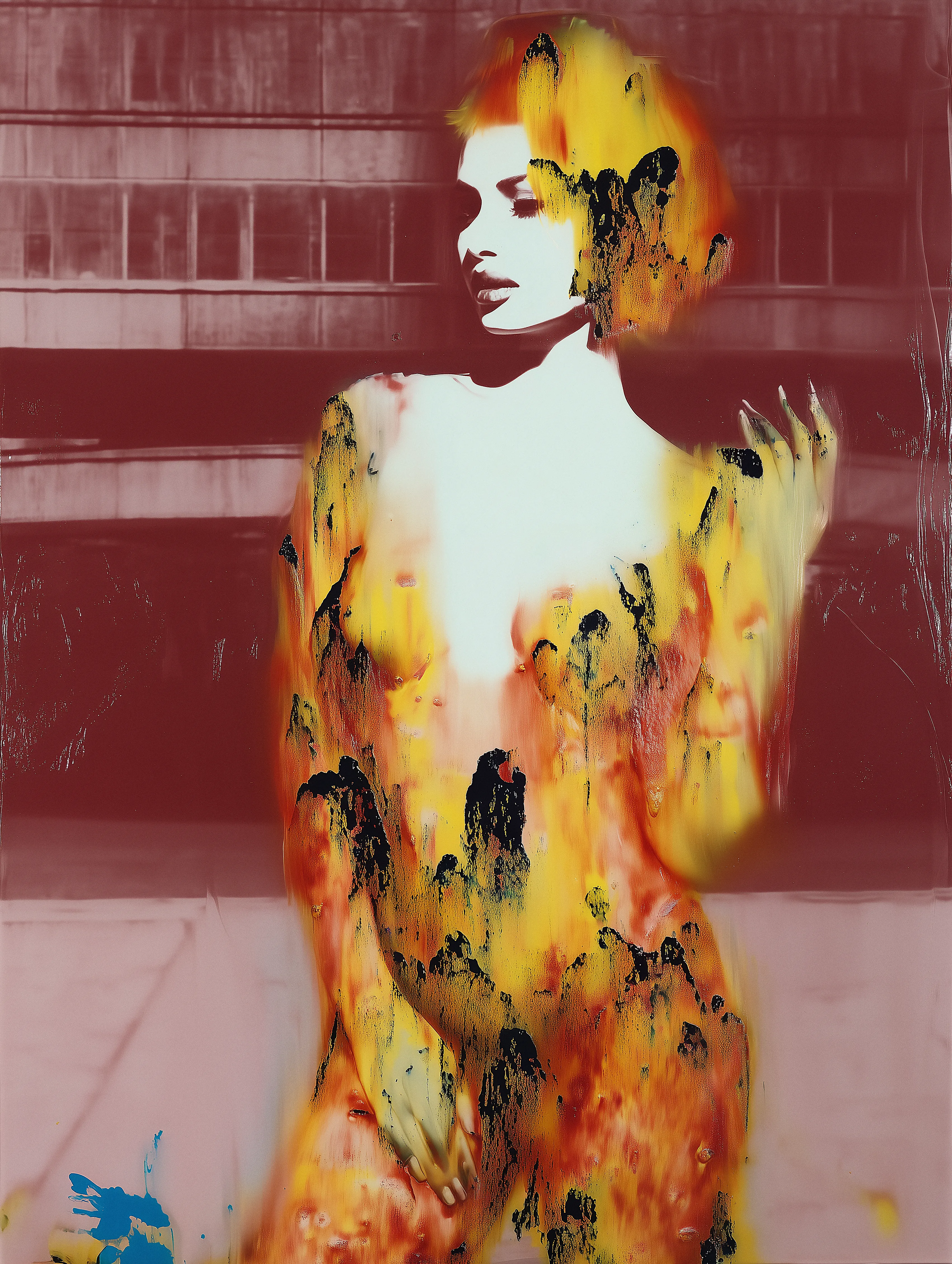 Here, the portrait ignites. The figure is consumed by eruptions of molten yellow and black, as if beauty itself were on fire and refusing to be controlled. Against the cold grid of architecture, she becomes volatile, unstable — an image in revolt. This is emergence not as quiet evolution, but as combustion: the moment identity breaks open, refuses containment, and passes the burden of meaning back onto us.