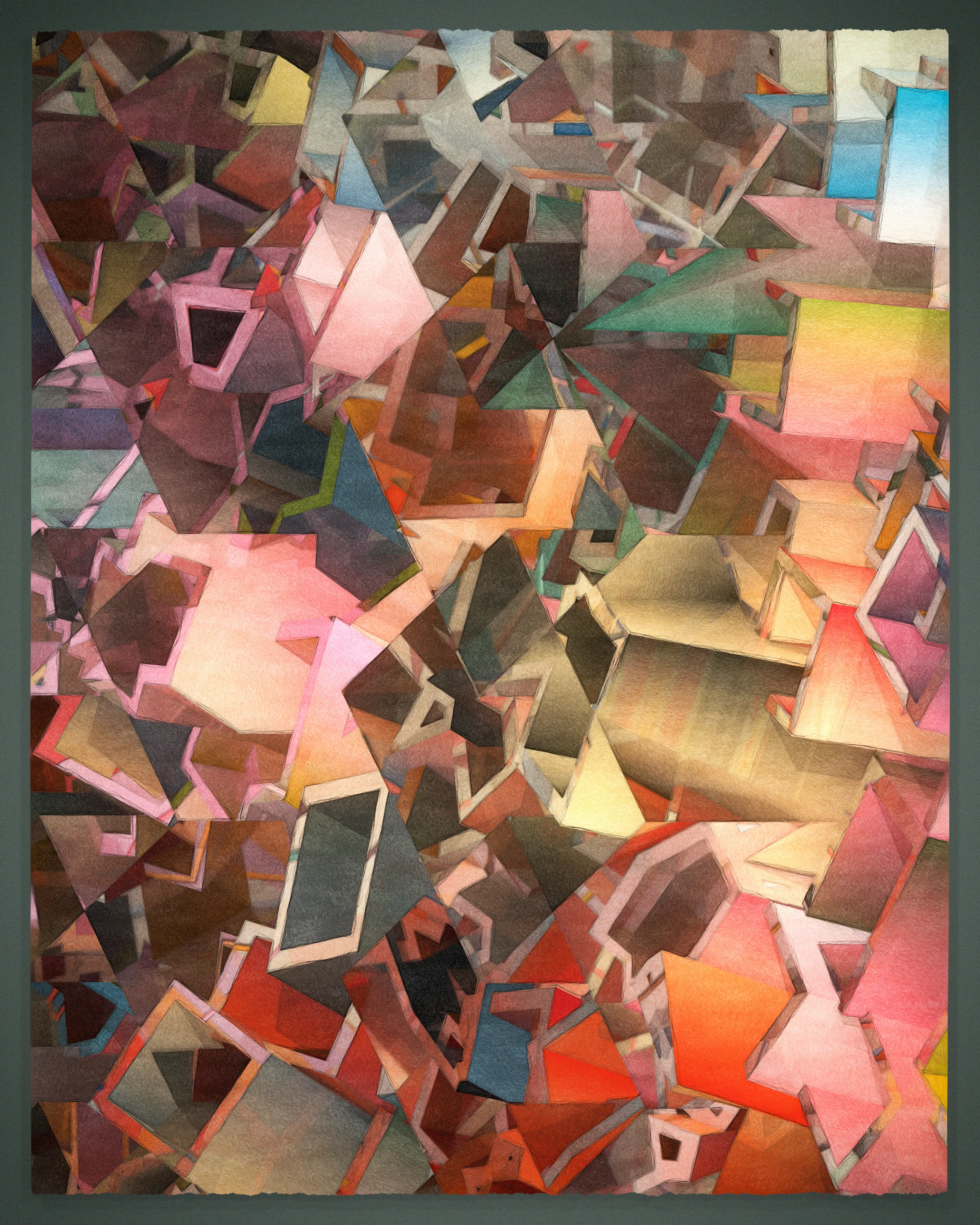 Recursion is a common technique of computational problem solving involving self-referential functions. Tectonics is a generative, 90-piece visual study of recursion, an exploration that produced unlikely associations with traditional cubism.