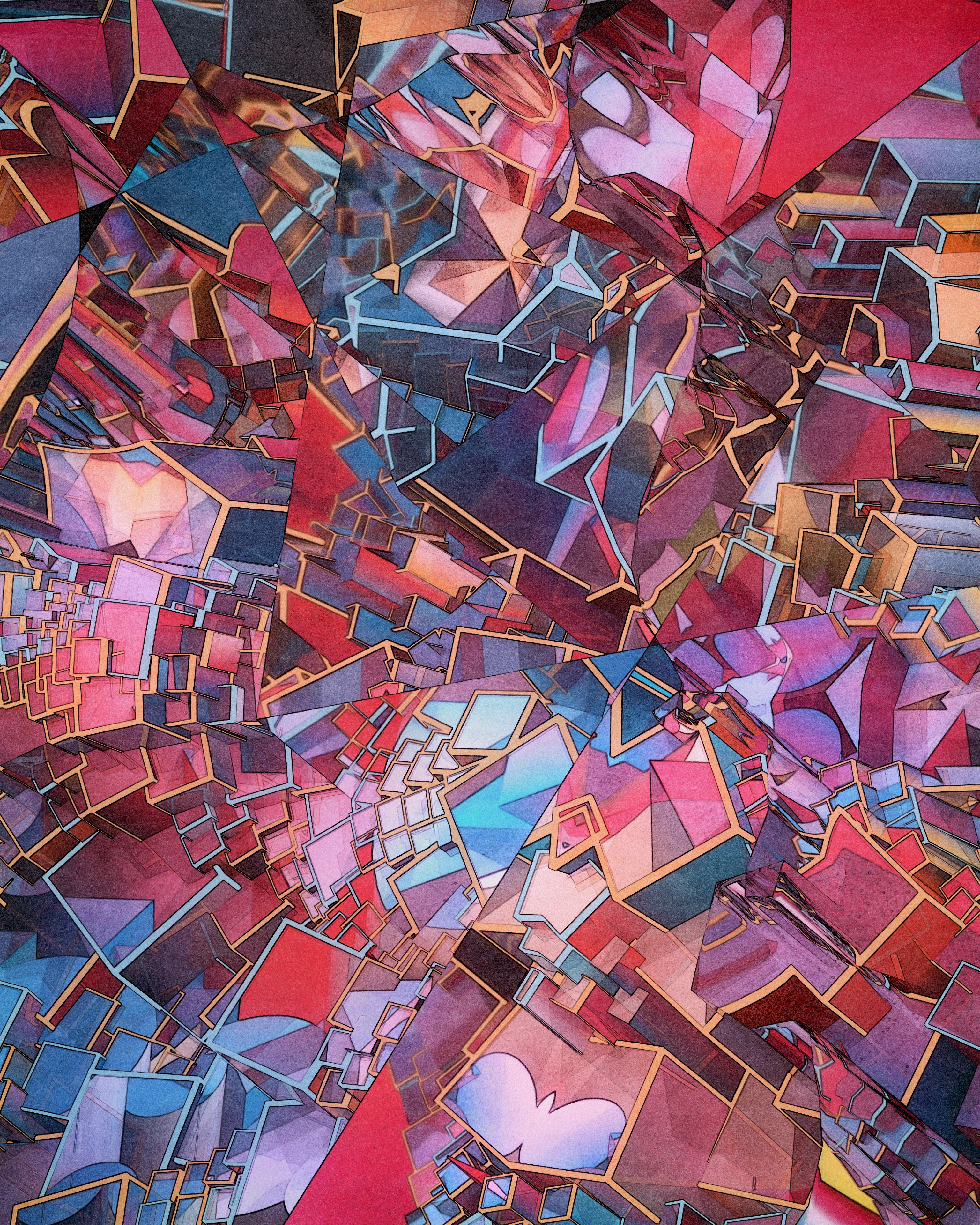 Recursion is a common technique of computational problem solving involving self-referential functions. Tectonics is a generative, 90-piece visual study of recursion, an exploration that produced unlikely associations with traditional cubism.