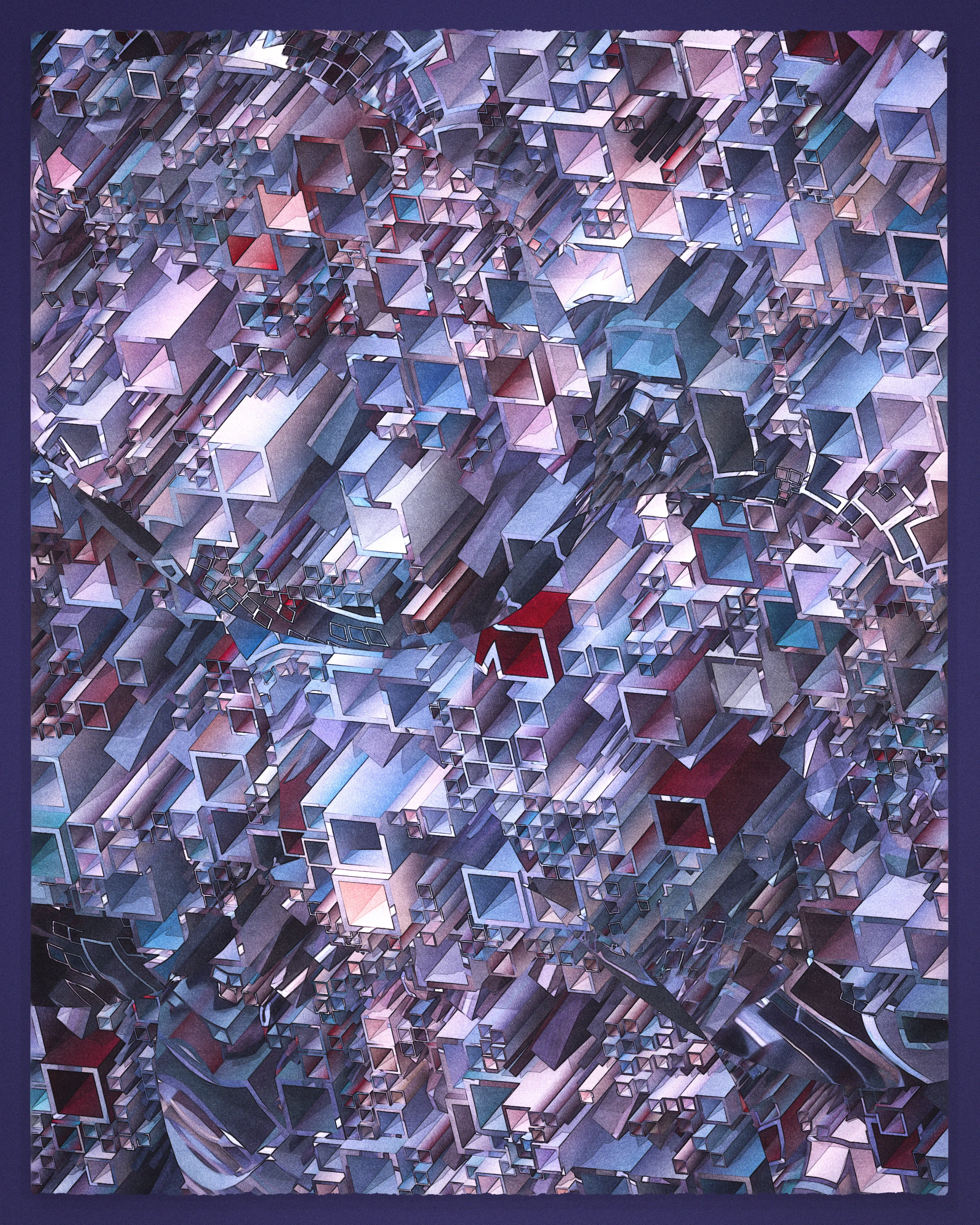 Recursion is a common technique of computational problem solving involving self-referential functions. Tectonics is a generative, 90-piece visual study of recursion, an exploration that produced unlikely associations with traditional cubism.