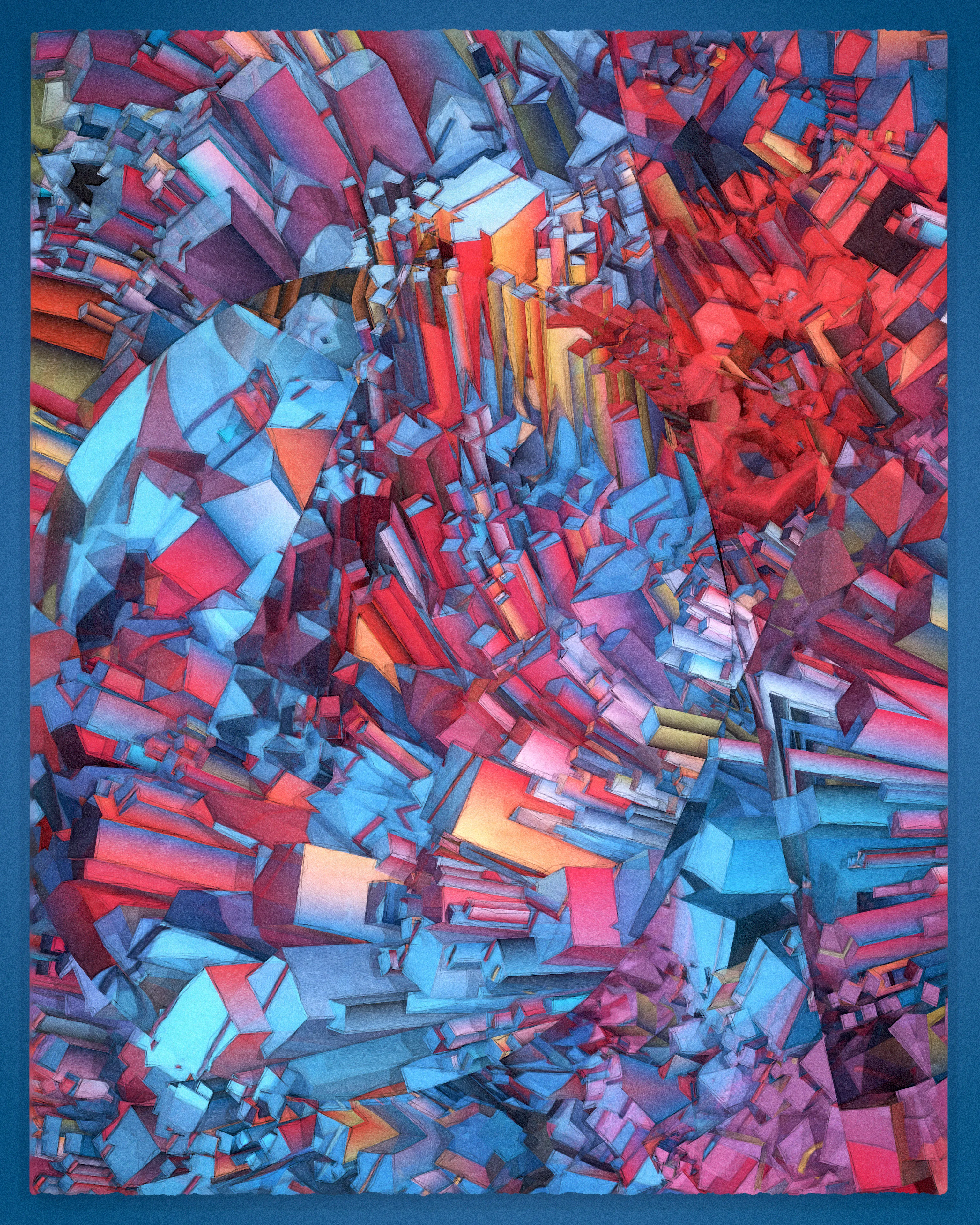 Recursion is a common technique of computational problem solving involving self-referential functions. Tectonics is a generative, 90-piece visual study of recursion, an exploration that produced unlikely associations with traditional cubism.