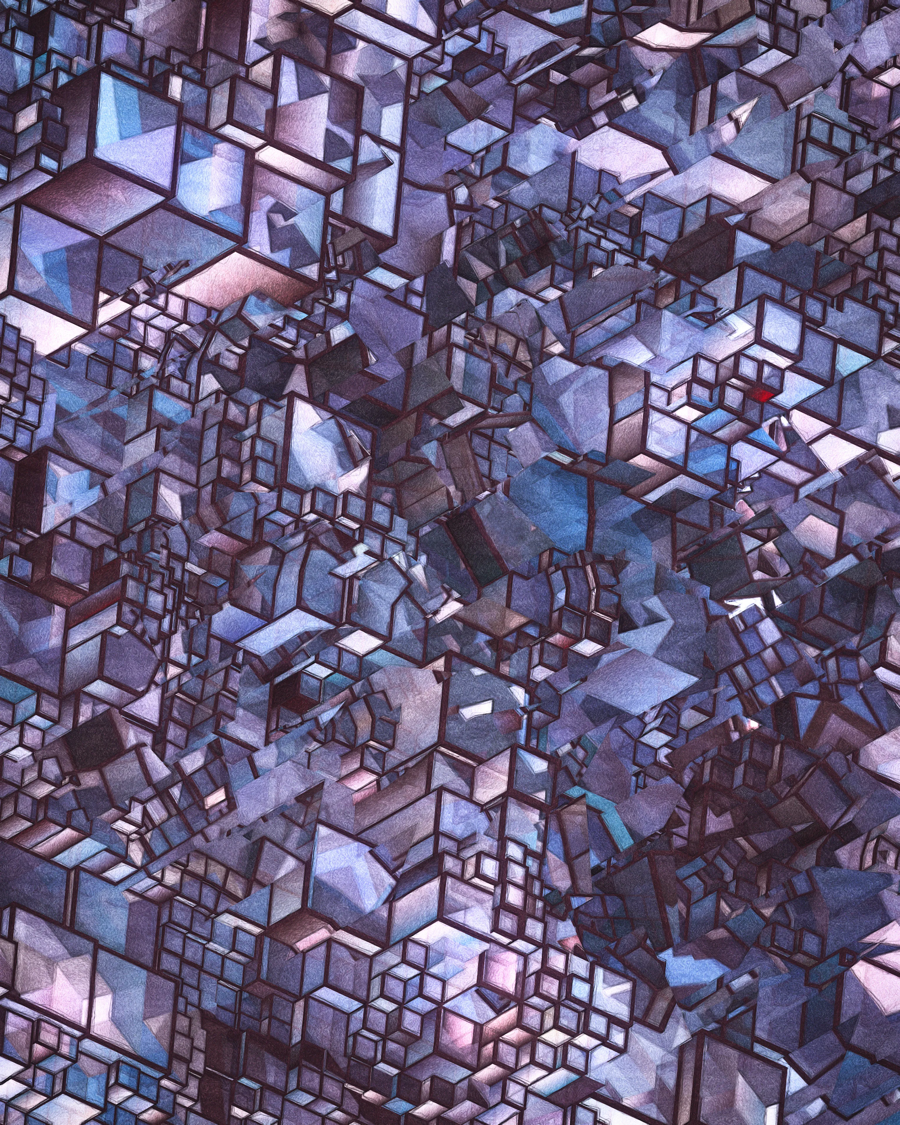 Recursion is a common technique of computational problem solving involving self-referential functions. Tectonics is a generative, 90-piece visual study of recursion, an exploration that produced unlikely associations with traditional cubism.