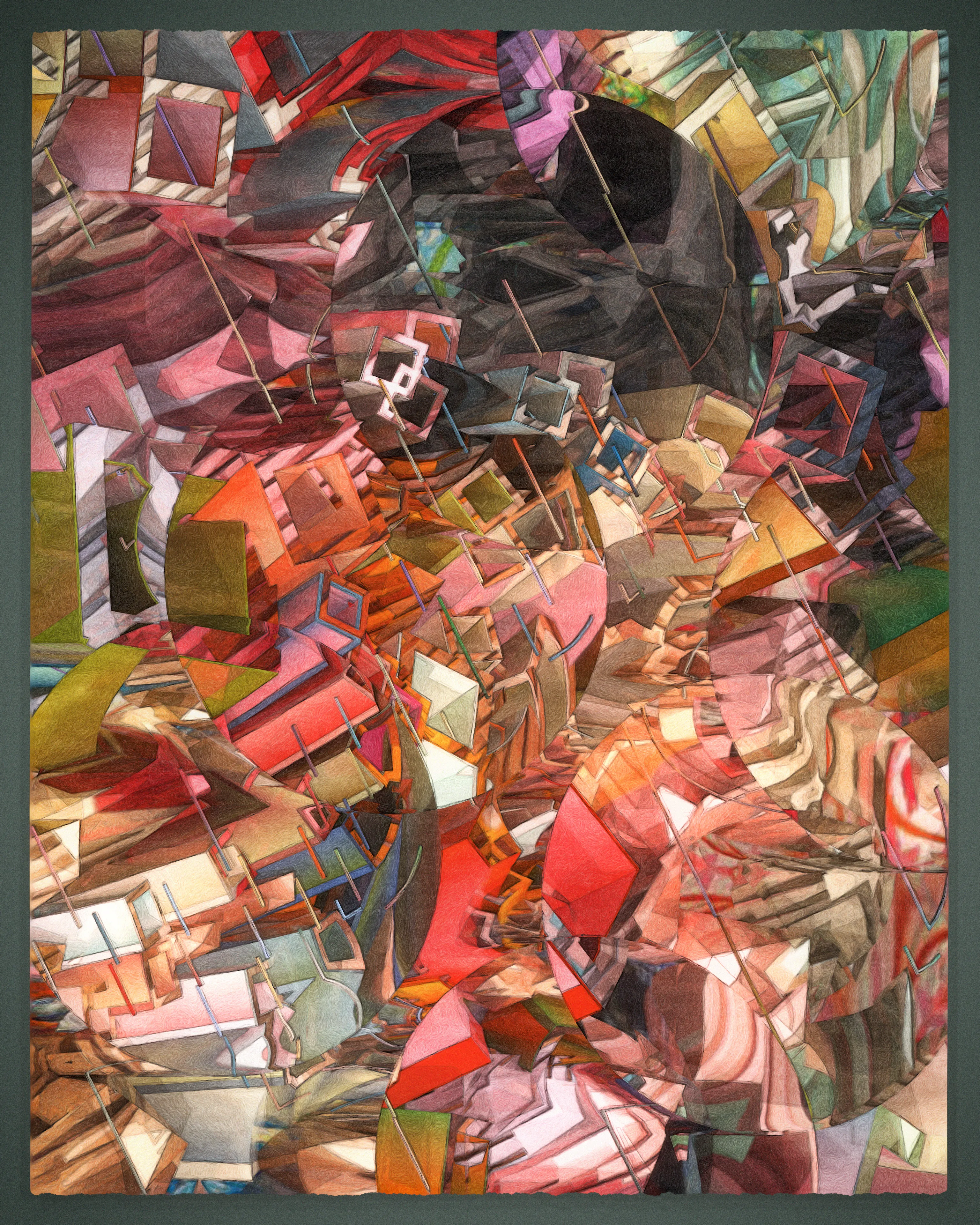 Recursion is a common technique of computational problem solving involving self-referential functions. Tectonics is a generative, 90-piece visual study of recursion, an exploration that produced unlikely associations with traditional cubism.