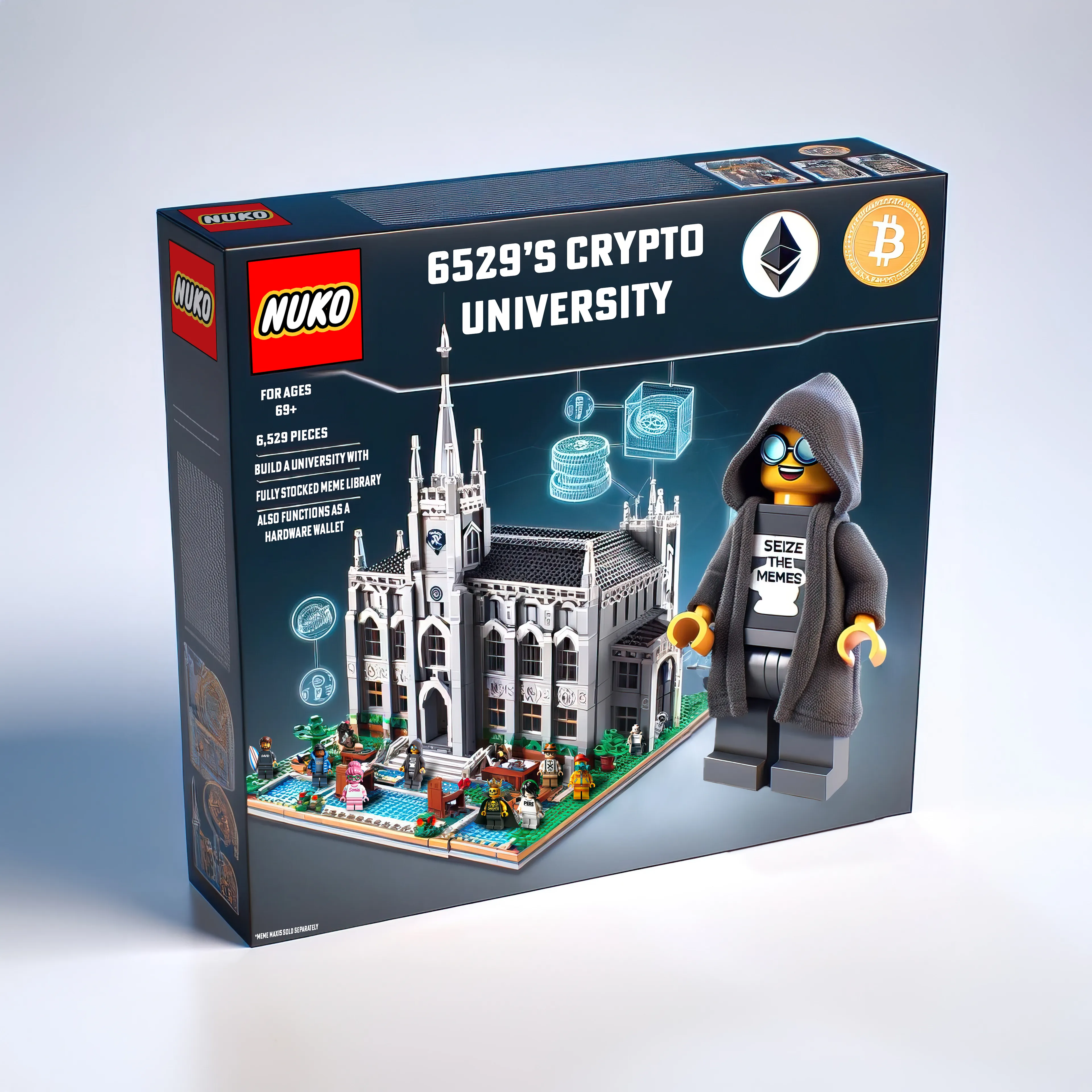 NUKO Building Set - 6529 Crypto University

Remember the time that Punk6529 ran an on-chain university course ? Get ready to relive that fun by building the 6529 Crypto University! This set allows you to construct your very own hub of crypto and NFT knowledge. Each brick builds up to a detailed university, complete with lecture halls and a meme gallery, bringing the digital world of crypto education into the realm of hands-on play.

But there's a unique twist – once assembled, this isn't just any model; it transforms into a functional hardware wallet! Secure your digital assets right within your creation. Remember to keep your seed phrase handy, as this university doubles as a key to your digital treasures. Perfect for late-night mints and international time zone launches, it's an essential for any aspiring crypto enthusiast. Get ready to experience the thrill of blockchain technology with every build.

This image is created with the assistance of AI by Nuclear Samurai.