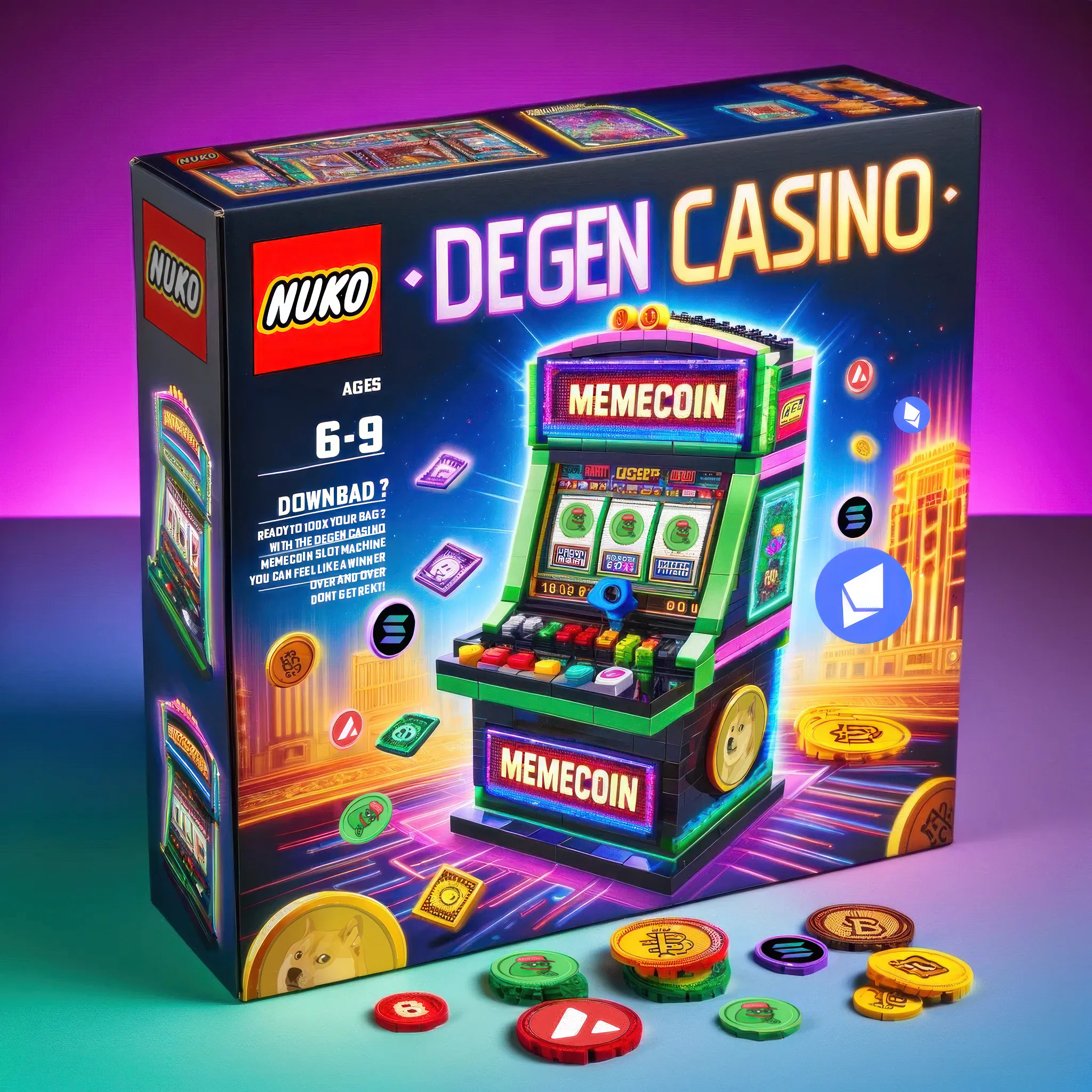 Introducing the NUKO DEGEN CASINO Kit – the ultimate experience for those feeling DOWNBAD or getting REKT in the crypto world. This innovative kit lets you build your own crypto casino slot machine, adorned with the most iconic cryptocurrency symbols.

Dive into a realistic crypto market simulator featuring market caps and liquidity pools. Here's your chance to strategize: do you stake your coins for consistent gains, or go all-in as a high-stakes whale?

Perfect for crypto enthusiasts and strategy game lovers, the NUKO DEGEN CASINO Kit offers the thrill of gambling and decision-making without the real-world risks. (unless you feel lucky and want to plug in that hardware wallet)

 Are you ready to turn your luck around and become a crypto empire mogul? Embrace the challenge and excitement with NUKO. Grab your kit now and start building your fortune today!

This image created with the assistance of AI. 