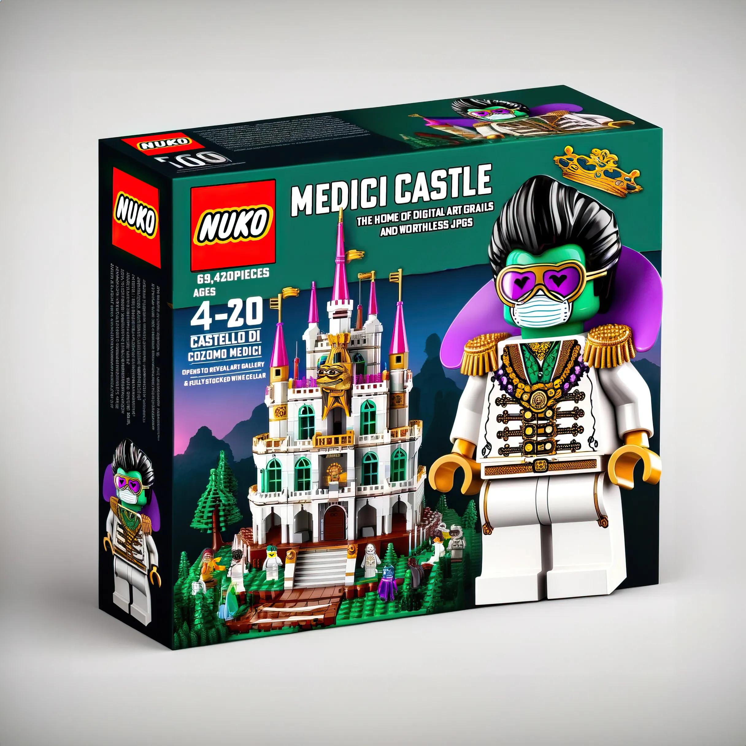Embark on an imaginative journey with NUKO's Medici Castle, inspired by the renowned digital art collector Cozomo de' Medici. This exquisite set features a grand castle, intricately designed to showcase a magnificent digital art gallery, where young builders can explore and display their own creative masterpieces. Wander through the opulent halls lined with visionary digital artworks.

But that's not all - discover the hidden gem of this set, a well-stocked wine cellar, complete with miniature wine bottles and detailed racks. This secret retreat is perfect for discussions on art and the finer things in life.

Ideal for young architects and art enthusiasts, the NUKO Medici Castle set promises hours of creative building and imaginative play. Suitable for ages 8 and up. (Note: alcohol free wine and tiny LCD displays provided, actual NFTS sold separately.)
...

This mockup toy kit is created with the assistance of AI in 2023 by Nuclear Samurai