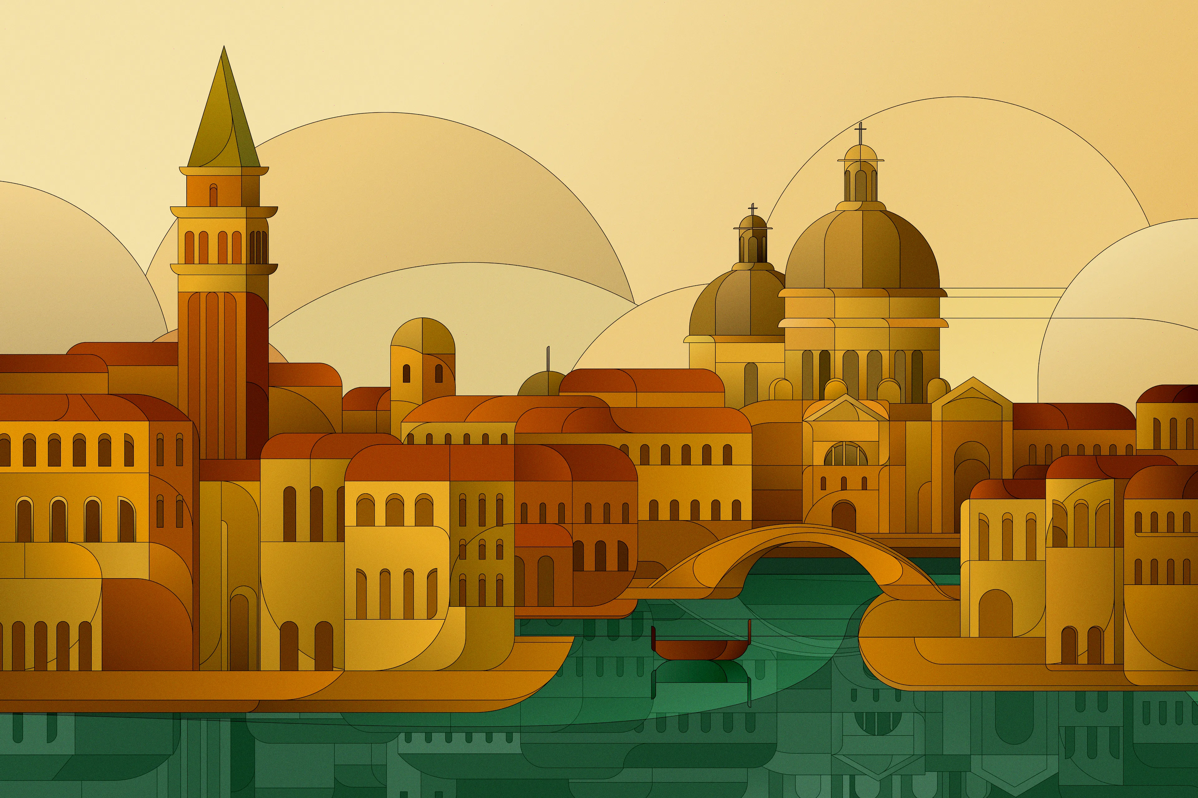 With Venice, I wanted to focus first on water — not as a background element, but as the structure itself.

The city doesn’t rise. Venice is built around water, with water, and sometimes against it.

For the first time in the series, I explored a deliberately complex composition made mostly of low buildings, no skyscrapers, no vertical dominance.

Density, rhythm, and balance.