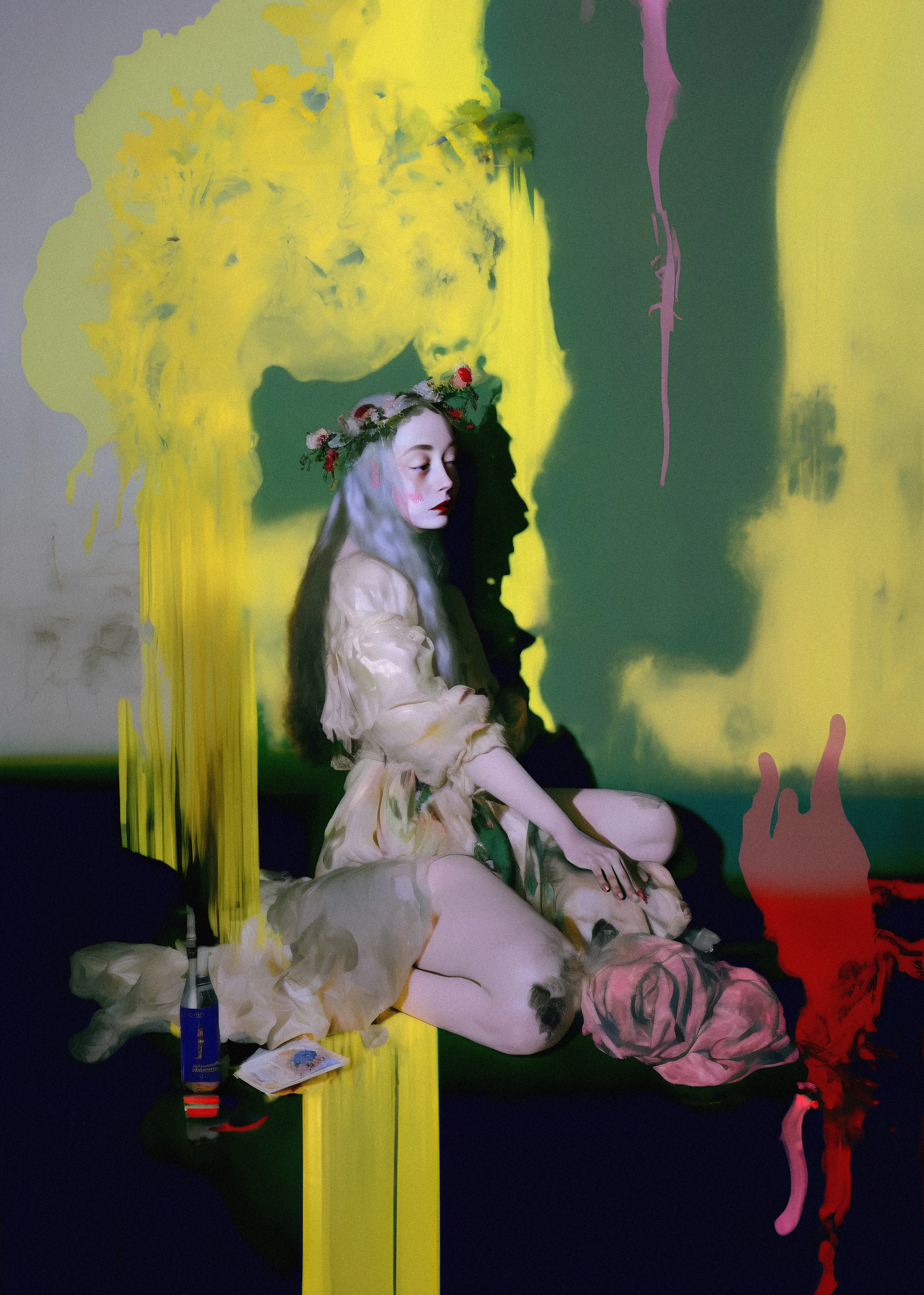 She is a wanderer in search of meaning and purpose. Antique dress and ragged surroundings signify a difficult past, but the wreath of flowers on her head and the vibrant colours smears indicate a creative spirit that continues to flourish despite circumstances. Subjects by her side shows a deep inner world of artistic expression, and her expression suggests a longing for something more. Perhaps she is a creator, using her art to make sense of the world around her and to express the emotions that she cannot put into words. 

Part of «symphony of times» series  
created with AI  
4084 x 5720  
2022