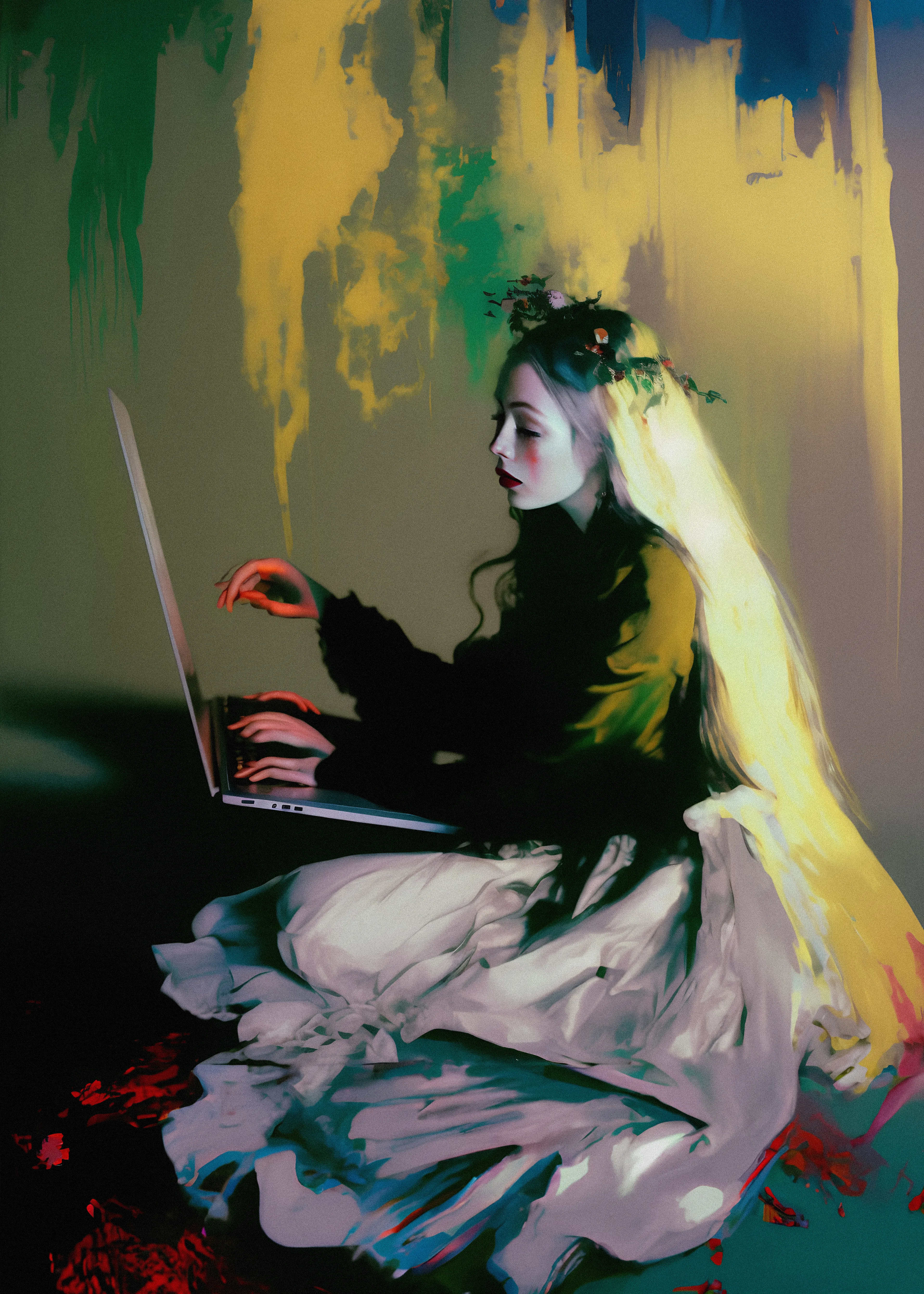 As she type on her laptop like playing on the virtual piano, she becomes fully immersed in this music, forgetting about the outside world. Over time, she becomes increasingly dependent, spending night and days online and losing touch with real-life connections and relationships. She flirts with a chatbot, longing for genuine human connection and the feeling of truly being alive, never suspecting that it is not a real person. However, she is trapped in her virtual world, unable to break free from the hold that her device has over her, stuck in a cycle of loneliness and isolation. Is it about her or this is a story about you?

Part of «symphony of times» series  
Assisted with AI  
4096 x 5734  
2022