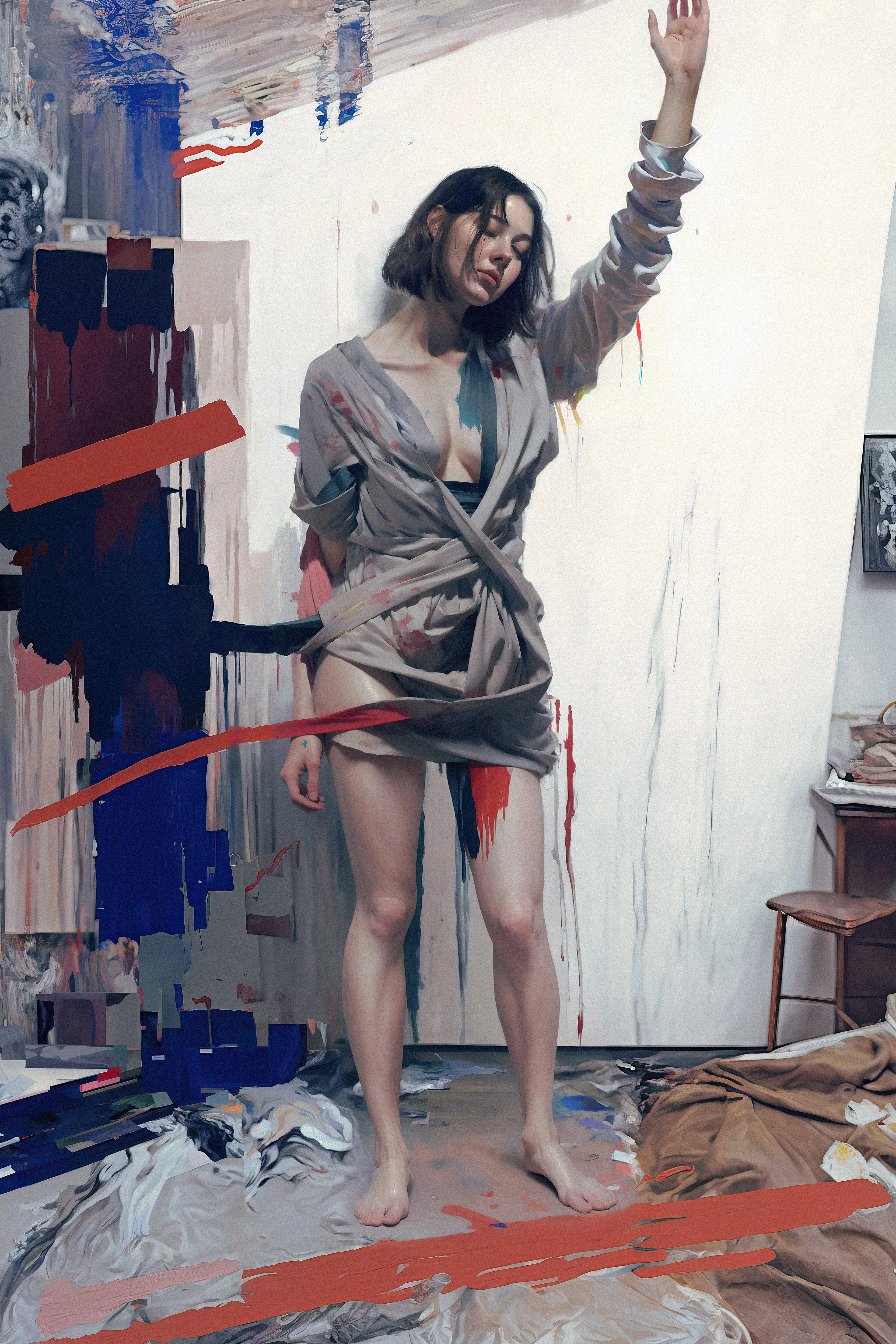 This artwork represents a combination of my emotions and feelings from a memorable time in my life. It showcases chaos and order, a perfect balance of the two and the feeling of being on a journey through life. It reminds me of love, calmness, excitement, and clarity amidst the haze of confusion. The tangled hair, piece of fabric turning into dress, and splashes of paint symbolize the beauty that can emerge from chaos.

Assisted with AI  
4096  x  6144  
2023