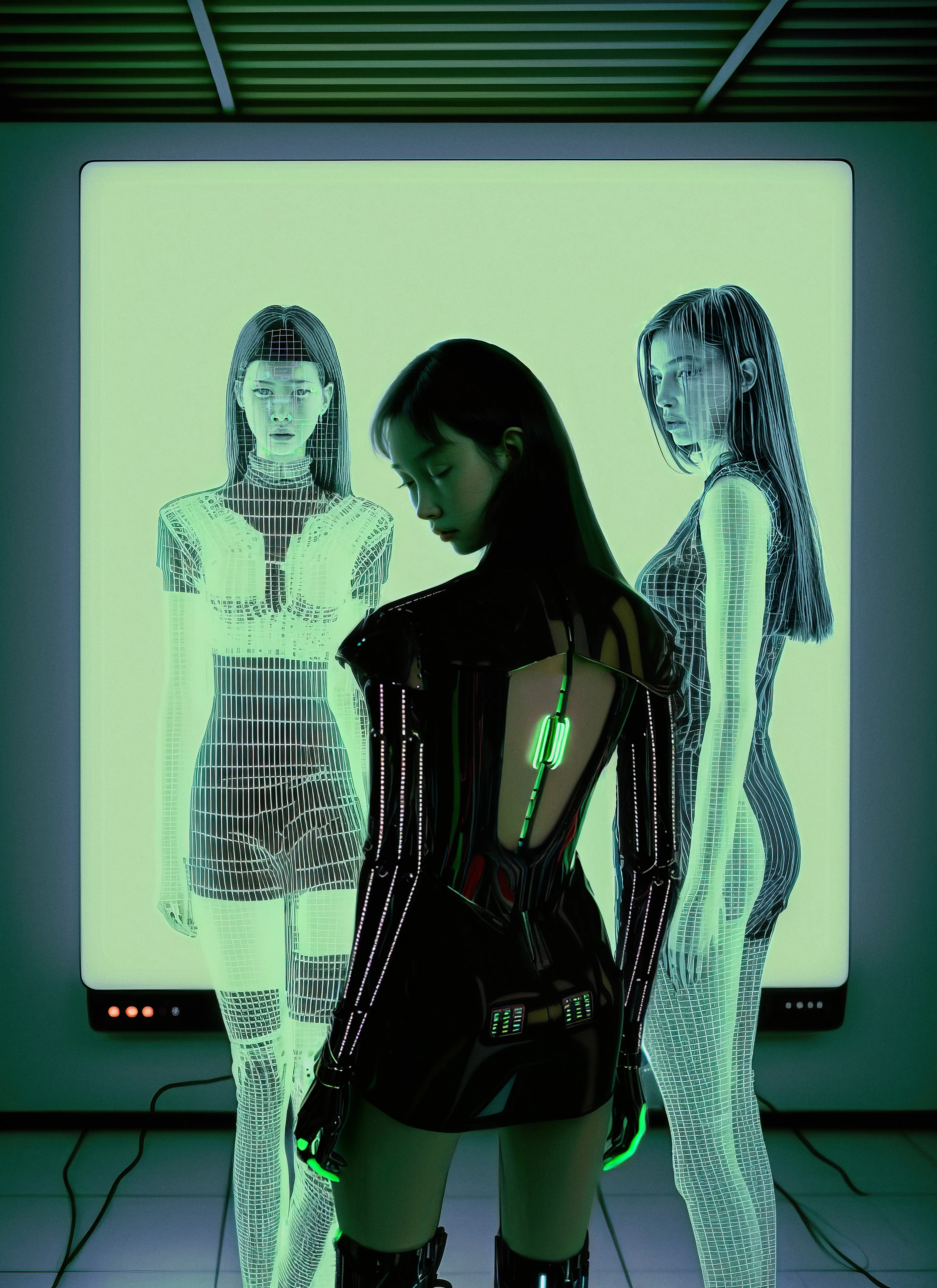 In this artwork I investigated the complex relationship between humanity and technology, the potential of this intersection to bring about new opportunities and connections. The woman standing at the threshold of two worlds represents the uncertainty and fear that can come with new technological advances. She embodies the hesitancy and doubt that we often feel when facing new frontiers and unknown territory.

AI assisted  
4096 x 5632  
Petra Voice, 2023