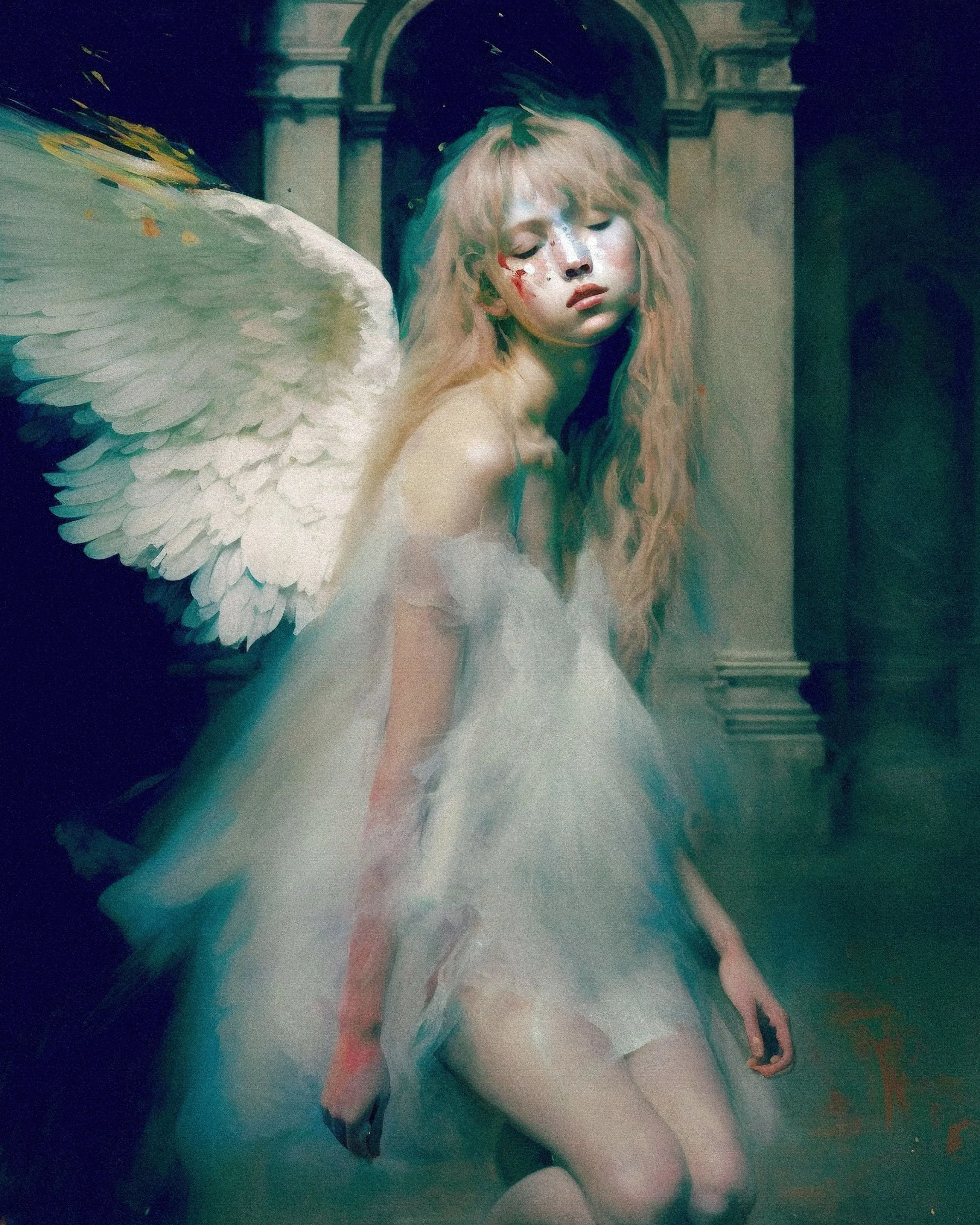 Fleeting nature of youth and innocence against the backdrop of the eternal ruins of the past. The girl with angelic features and delicate feathered wings sprouting from her back, symbolizes the purity and fragility of youth, while the crumbling architecture represents the inevitability of decay and the passage of time. Her lowered gaze and emotional expression evoke a sense of nostalgia and longing, as if she is looking back at the past, showing emotional depth and introspection. The artwork captures the contrast between ephemeral and eternal, inviting the viewer to contemplate the cyclical nature of life and the transience of all things

Part of «symphony of times» series  
created with AI  
3276 x 4096  
2022