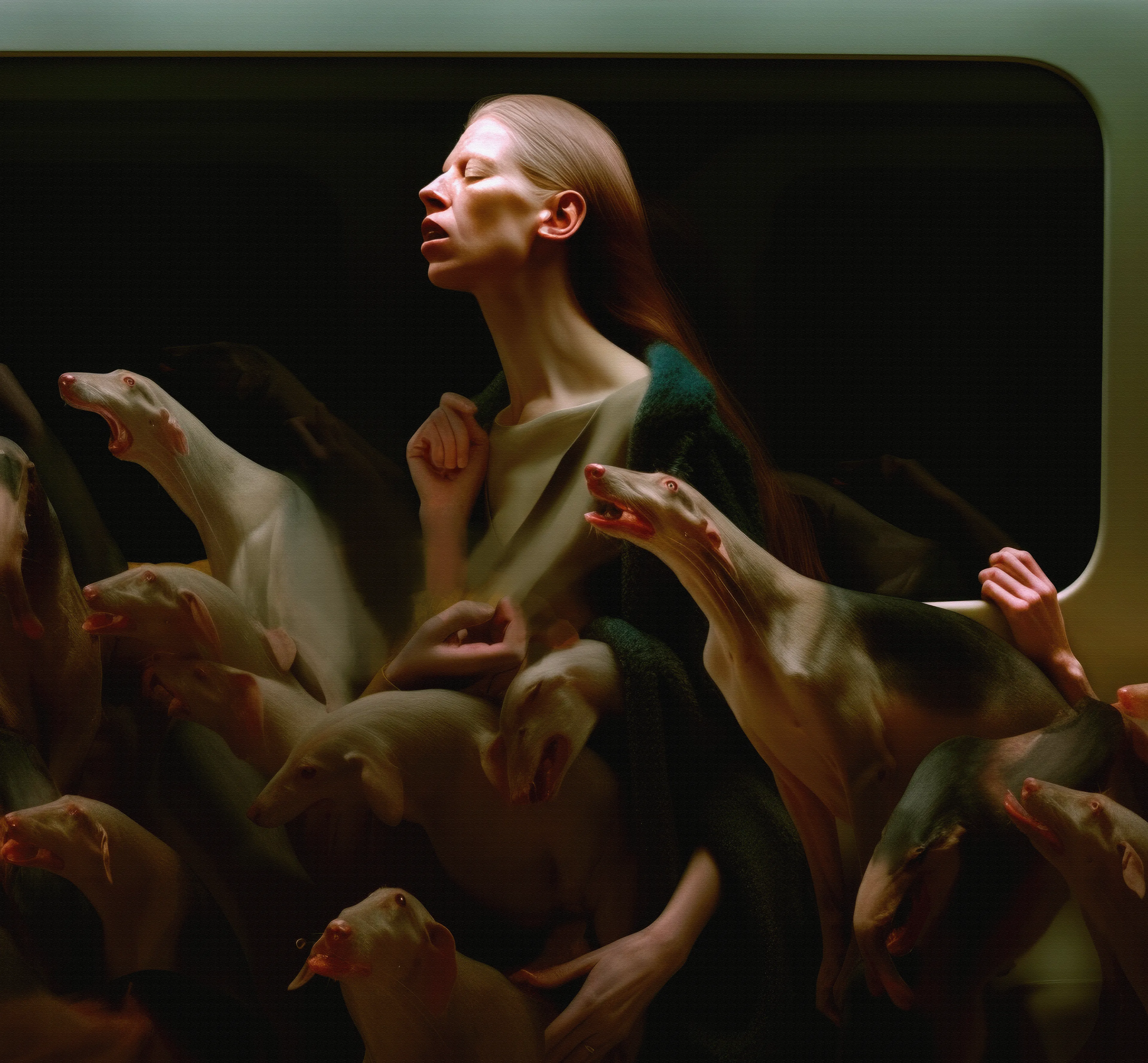 A haunting AI artwork showing a woman surrounded by strange animals, creating a sense of resignation and unease. It captures our complex relationship with animals, reflecting fascination, tension, and exploitation. The woman's expression conveys sadness ,She is torn between connecting with the animals and recognizing their danger, emphasizing the fragility of our bond with nature. 
Created for the AI Surrealism exhibition at Oculus NYC, hosted by Superchief Gallery NFT and Exquisite Workers.