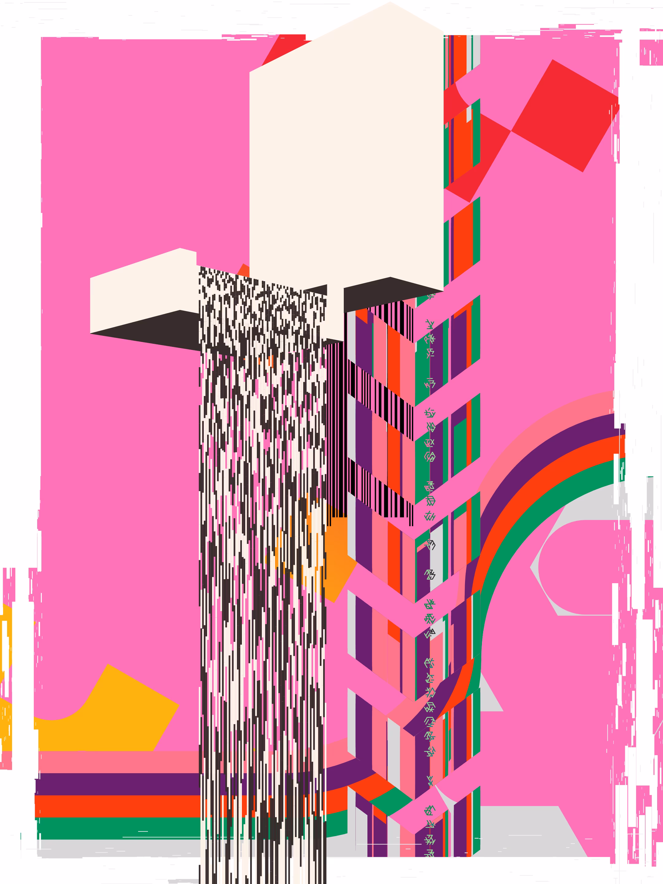 Take the futurism of mid-1990s graphic design, merged with the fake-nostalgia vaporwave of a reimagining of Win95, channeled through the lens of modern generative art and you get FALLiNGWATER. Swapping Jolt Cola for Green Tea, Coral Draw and Photoshop 2.5 for code and a single poster design for an infinite number of variations, Daniel digs back into what made him love graphic design in the first place for his entry to the Flatlands group show.