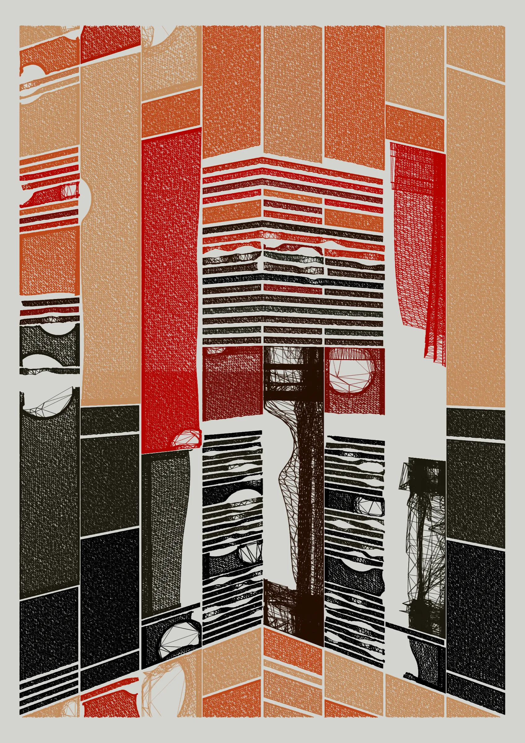 "Edifice" is a series of 976 massive, deteriorating structures built on strange terrain. It is an exploration of buildings being conceptualized, constructed, and eroded away under a wide variety of conditions. Edifice's outputs run the gamut between minimal and maximal, with some showing few large, static blocks of color, and others many small, highly textured and warped shapes. Each image is progressively constructed in front of the viewer's eyes. It is a system full of surprises that I'm excited to share with the world.