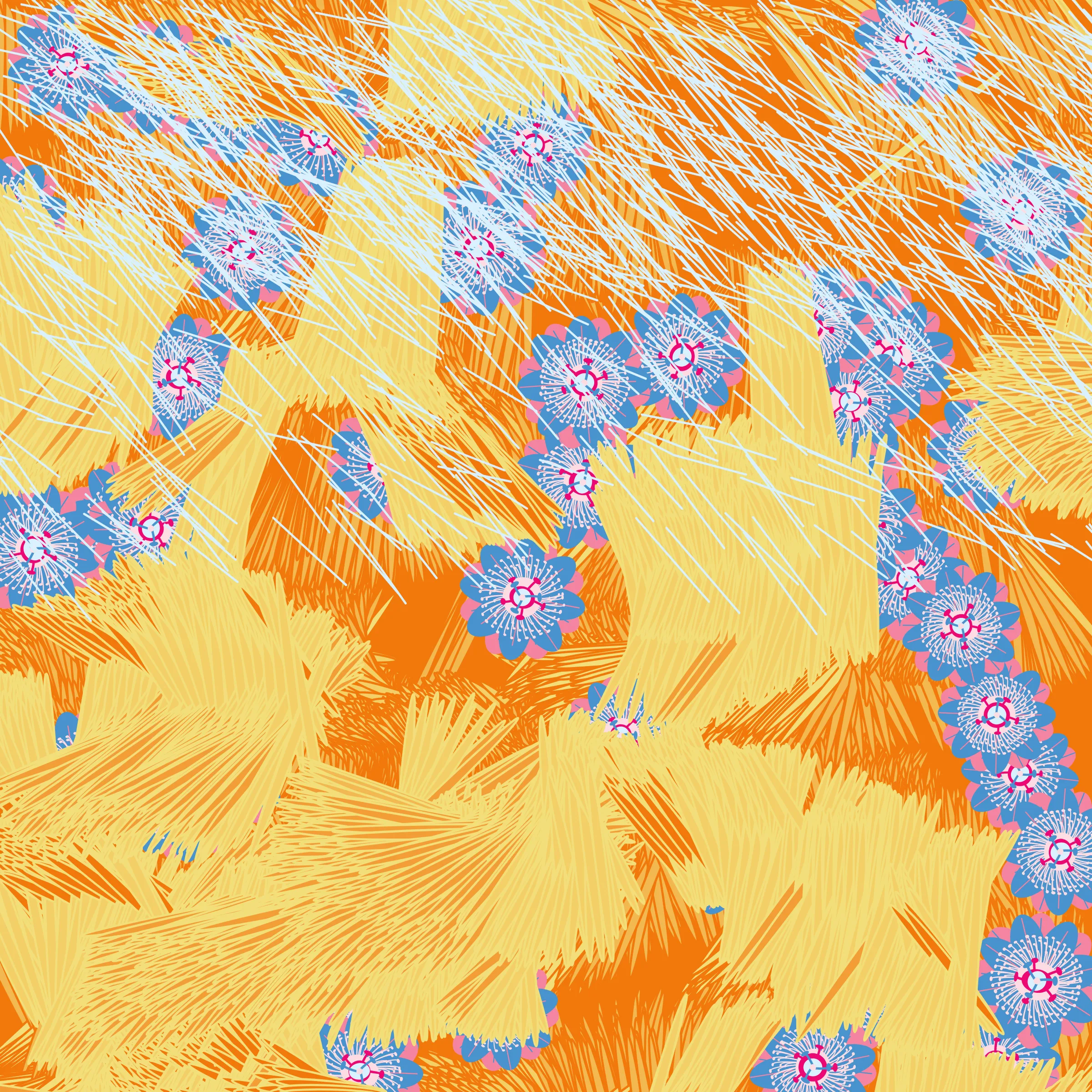 “Fragments of an infinite field” is a compositional system in which an idealized plant species is generated and arranged in a potentially infinite field of foliage. The main environmental parameter of the composition is the determination of a season of the year. The season determines the landscape’s colors and defines specific phenomena for each of them, such as rain in summer, snow in winter, petals falling in autumn, and pollen in spring. The flower has several possible variables, which can be macro aspects, affecting the entire population of the species, or micro, affecting each individual of the species differently. For example, the number of petals can be equal in all individuals or not. The number of filaments and other structures of the flower can undergo minor deviations, generating small mutations. The confusion between the figure (plant) and the background (earth, sky, other natural elements) is fascinating from a compositional point of view. The background colors are, most of the time, colors present in the figures, often breaking the boundary between them and, therefore, generating chromatic masses. In this project I also intend to research the following question: How to create parameters that resemble a living organism's growth? In this sense, the project approaches digital morphogenesis and the development of procedural organisms.
