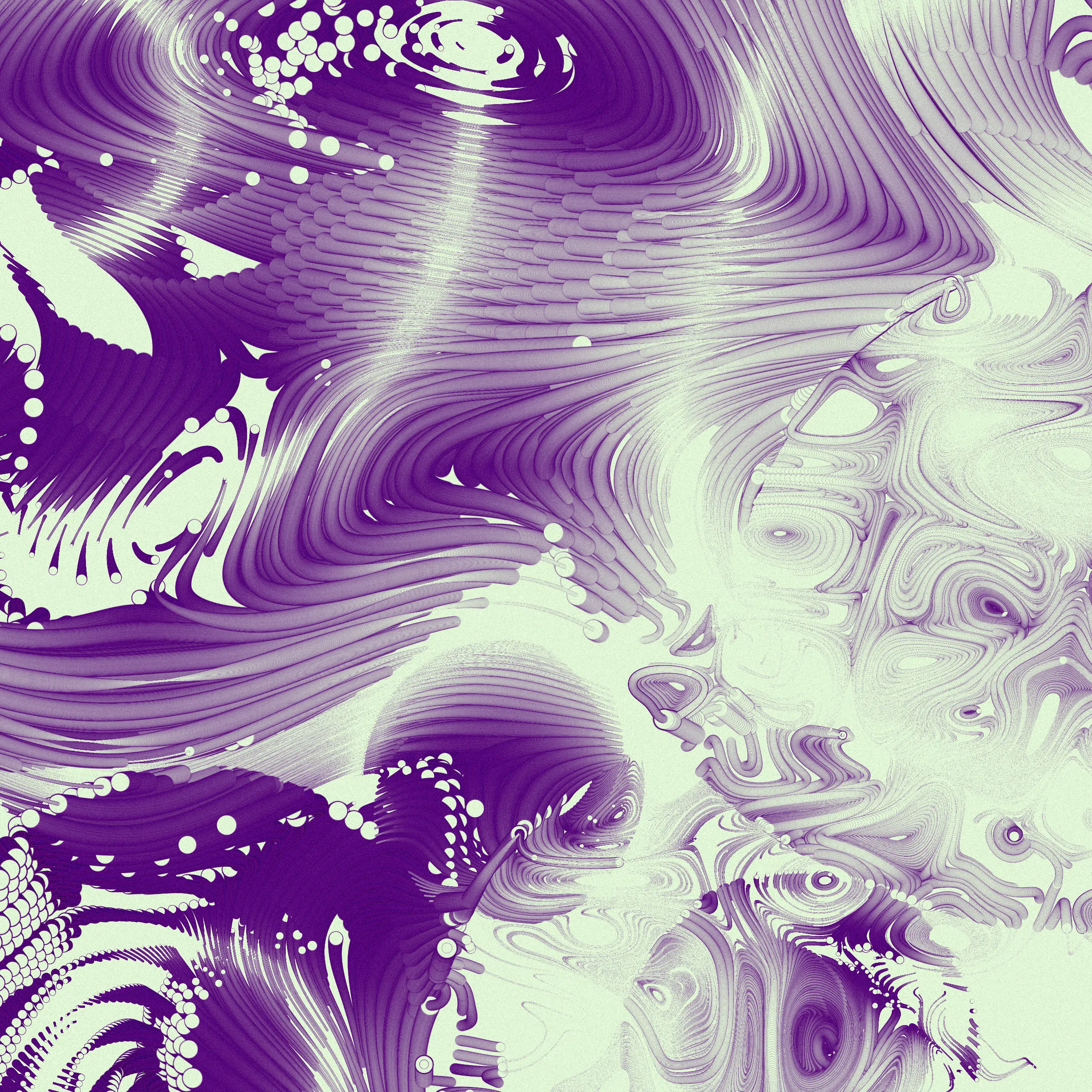 Drifting apart as the little islands that we are, you may ask yourself
_What is bigger - the inner space or the outer?_

This project was inspired by the multitudes we keep within us. The harsh shadows and the combination of pure 2d rendering with a 3d effect mimic feelings of separation from the rest of the world. Their undetermined scale reflects the seemingly unlimited depths of consciousness.

_The Inner World_ starts its rendering from one or more circular cores representing the centers of our personalities. Each of these cores spawns various thoughts and emotions, flowing as tendrils through the scene, making connections among themselves or reaching for the outside. Their movement ranges from straight and orderly to (seemingly) chaotic, sometimes twisting the clean underlying personality center into a completely different shape. Two rendering styles (illustrative and shaded) with palettes ranging from cool, gloomy and serious to cheerful or dramatic reflect the variety of predispositions.

While waiting for the rendering to complete, look at the focus animation highlighting the circular cores of your piece. You're invited to spend this time pondering how everything you know, everything you have or will ever experience, and even the most majestic sights from stars to microbes fit into the space between your ears.