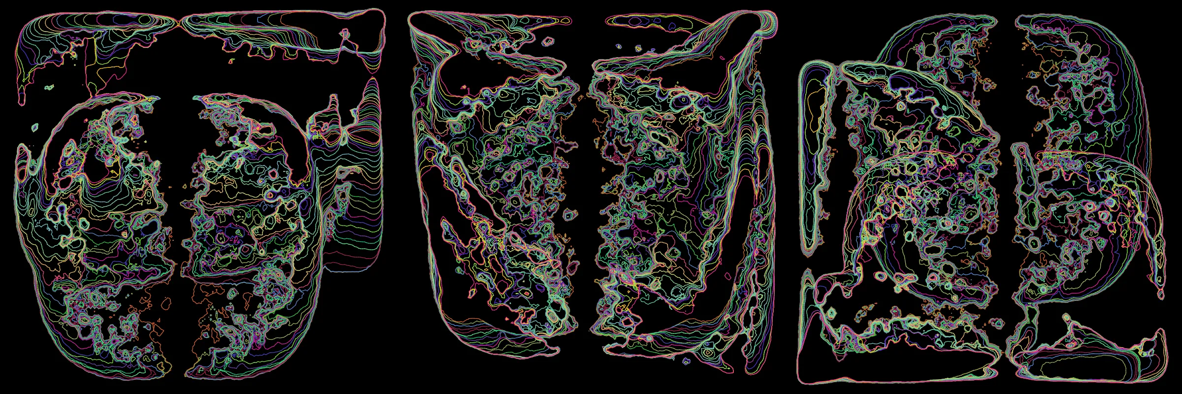 Primordial presents forms as diverse as those found in the natural world. The emergent system powering Primordial is capable of generating this diversity but is hard to control. After the initial generation there is a curation step; forms must meet certain criteria or the algorithm replaces them.

The forms produced by Primordial are presented in a triptych, as comparing multiple outputs is fundamental to understanding a generative algorithm. Primordial attempts to generate triptychs where the individual forms are related, and the results can be surprisingly harmonious or discordant.

Once the triptych is finalized, click on one of the forms to redraw a previous image. Press s to save the entire triptych, or 1-3 to save an individual image.