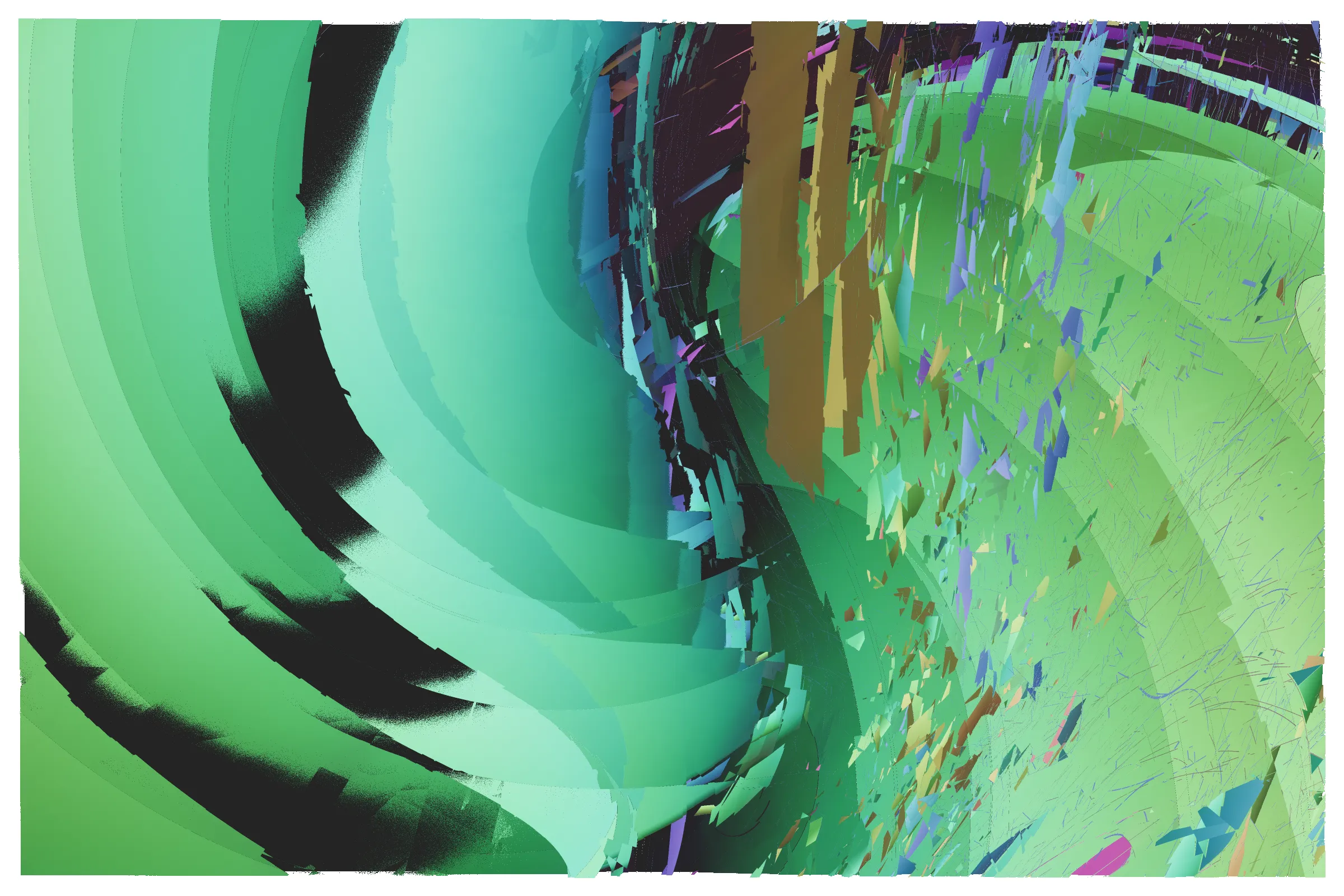 *Erratic : irregular in performance, behaviour, or attitude; inconsistent and unpredictable*

One’s harmony with the world can become severed while experiencing stress. Feeling lost or confused within a clouded mind, struggling to call upon a creative muse, defending your self-worth against creeping doubts, and projecting flashes of anger towards others. This torrent of bubbling turmoil can sustain by fixating on the moments of chaos, past, and present. Continuing to feed the storm in this way ultimately will lead to burdensome strife and a ravaged mind.

As a nascent artist working to hone my artistic abilities and establish myself within a historical art movement, I have often experienced stress along my journey. This collection captures these internal struggles as fragmented waves of colour arranged across a spectrum of relative calms, chaotic bursts, and winding paths. Each piece reflects a unique sense of uncertainty.

My intent for Erratic was to challenge myself to create a purist’s form of generative art, wherein a set of randomized values are shaped to be used directly as inputs into an instruction path that is consistent in execution and does not use branching conditionals as a means of achieving variety in composition, colour or form. By actively rejecting predetermined features in favour of shaping a domain that is acted upon consistently, I felt I could achieve occurrences of uniquely identifiable emergent design that I otherwise may not have discovered. The work begins with a euclidean coordinate space intended to render a smoothed half-torus which is then randomly mutated through progressive iterations of translations, rotations, polar reflections, slices, twists, and distortions. This pattern of operations produces a nearly infinite set, shaped only by the defined input ranges, from which each piece will be minted. Any knowledge of the instantiated values before viewing could not lead to any reasonable prediction of what will be rendered.