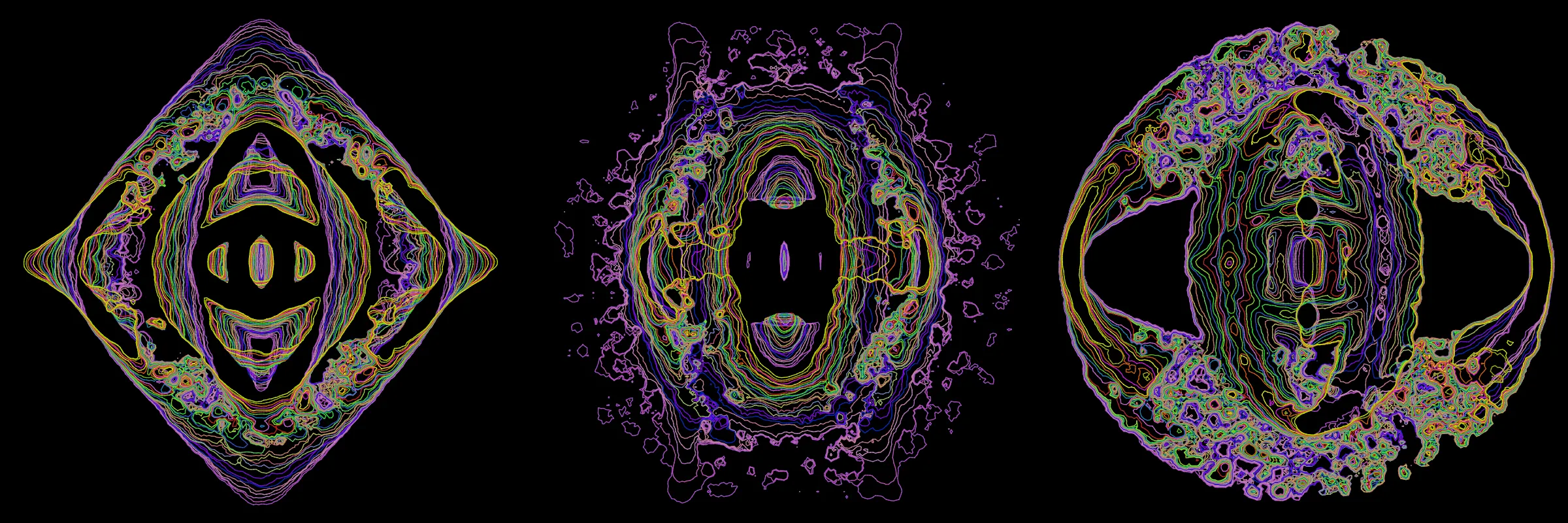 Primordial presents forms as diverse as those found in the natural world. The emergent system powering Primordial is capable of generating this diversity but is hard to control. After the initial generation there is a curation step; forms must meet certain criteria or the algorithm replaces them.

The forms produced by Primordial are presented in a triptych, as comparing multiple outputs is fundamental to understanding a generative algorithm. Primordial attempts to generate triptychs where the individual forms are related, and the results can be surprisingly harmonious or discordant.

Once the triptych is finalized, click on one of the forms to redraw a previous image. Press s to save the entire triptych, or 1-3 to save an individual image.