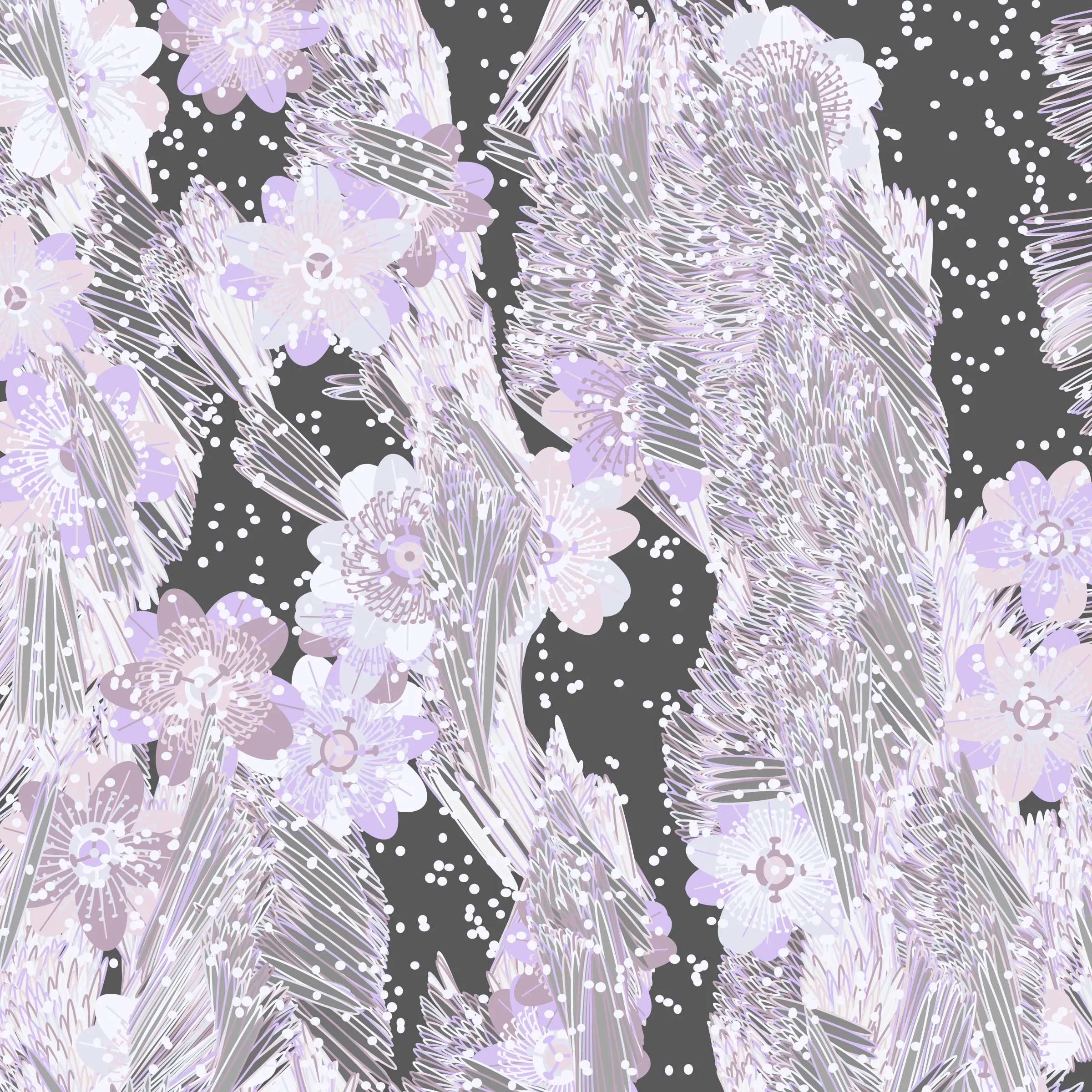 “Fragments of an infinite field” is a compositional system in which an idealized plant species is generated and arranged in a potentially infinite field of foliage. The main environmental parameter of the composition is the determination of a season of the year. The season determines the landscape’s colors and defines specific phenomena for each of them, such as rain in summer, snow in winter, petals falling in autumn, and pollen in spring. The flower has several possible variables, which can be macro aspects, affecting the entire population of the species, or micro, affecting each individual of the species differently. For example, the number of petals can be equal in all individuals or not. The number of filaments and other structures of the flower can undergo minor deviations, generating small mutations. The confusion between the figure (plant) and the background (earth, sky, other natural elements) is fascinating from a compositional point of view. The background colors are, most of the time, colors present in the figures, often breaking the boundary between them and, therefore, generating chromatic masses. In this project I also intend to research the following question: How to create parameters that resemble a living organism's growth? In this sense, the project approaches digital morphogenesis and the development of procedural organisms.