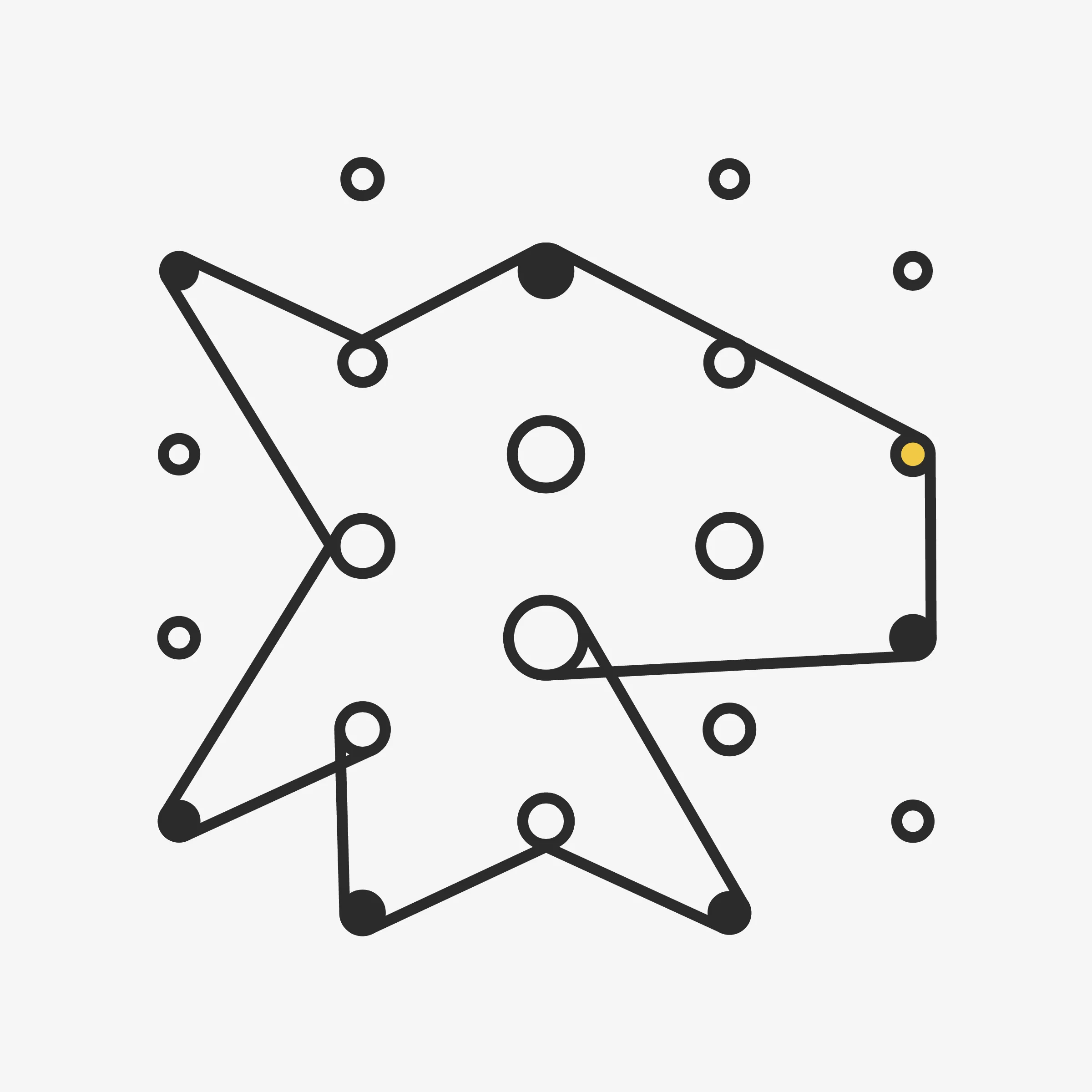 There are an almost infinite number of ways to wrap a string around a set of pegs. On the surface it may seem like a simple concept but prepare to be surprised and delighted at the variety of combinations the algorithm can produce. Each output from 'Ringers' is derived from a unique transaction hash and generated in Javascript in the browser. Feature variations include peg count, sizing, layout, wrap orientation, and a few colorful flourishes for good measure.