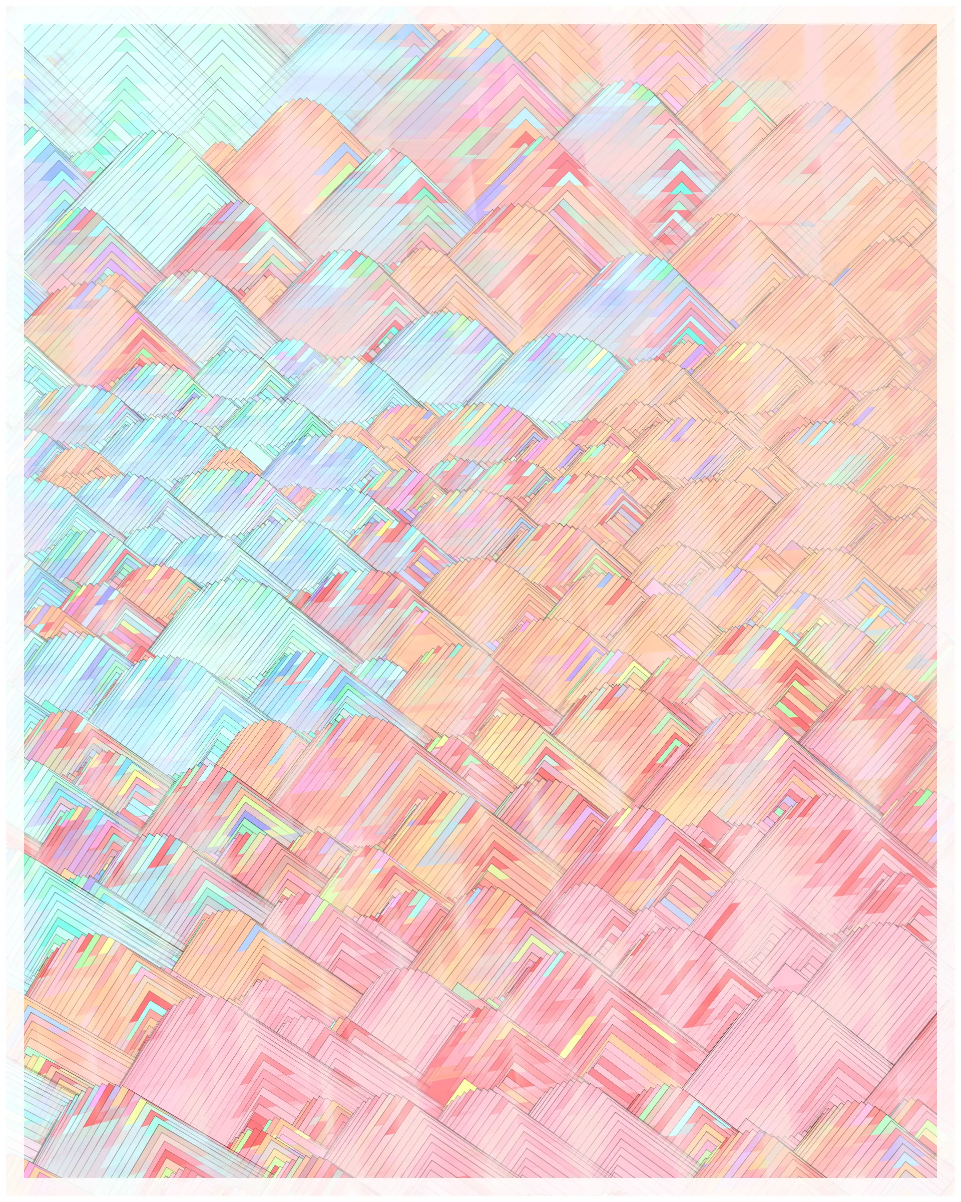 _There are no artifacts. There are only interpretations._

Glass is about the illusion of simplicity that cocoons us in our everyday existence. A glance at Glass may suggest a foam of bubbles or pebbles under clear water. But on inspection, these simple pictures dissolve. Instead of disks one finds stacked panes of translucent glass, intersecting and overlapping. There is dissonance between fine-scale chaos and the harmony of the aggregate. In Glass, two levels of reality -- panes of glass and the foam of bubbles -- are brought close together in scale, so that our oversimplified impression yields a palpable disquiet.

What appears simple is often anything but. Consider a standard wooden desk. To our eyes, it looks solid and continuous, but we know that it is made of atoms, tiny electrons orbiting nuclei. And these subatomic particles are themselves not like miniature solar systems, but creatures of quantum mechanics, stranger than we can imagine. The vast difference in scale between the atomic and the macroscopic hides this complex reality, but fundamentally it is the same phenomenon shown here.

Glass continues my exploration of emergence. While in previous work I explored how simple systems can create complex, emergent forms, here the interest is in the converse: how coherence is often deceptive, masking a complex underlying reality.

Glass draws on the aesthetic of Shin Hanga artists Hiroshi Yoshida and Kawase Hasui, and abstract expressionist Sonja Sekula. In live view, Glass has ambient motion: the shadows evolve, imperceptibly slowly.

The following variations & controls are possible. You may need to click on the canvas before they are active. For a high-resolution output, use the pixel density controls. For example, on a standard laptop, an image saved at pixel density 5 will be approximately 3200 x 4000 pixels, and therefore suitable for printing at ~ 11" x 13" at 300 dpi.

Variations (require redrawing):

f -- fit-to-screen on/off
o -- outline on/off

Controls:

s   -- save as png
spacebar  -- pause/unpause ( useful to reduce CPU load in Live mode )
b -- border on/off ( useful for printing )
1-9  -- set pixel density (default=2 on retina displays)
+/-  -- increase/decrease pixel density