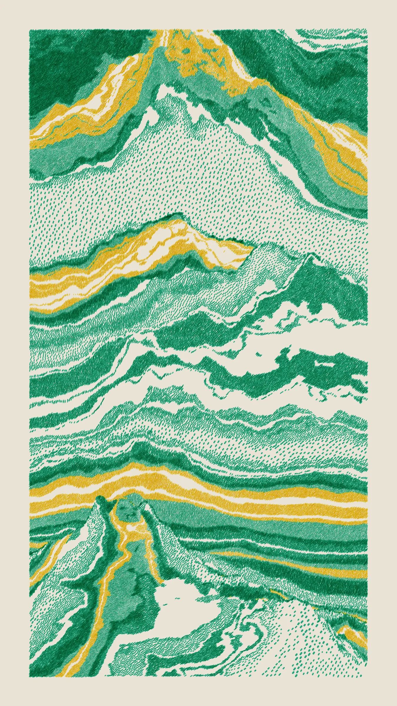 Stratified landforms constructed from many small strokes of colour. The hash of each token describes a coordinate within a multidimensional generative space, locating a unique composition that lies along one of many possible longitudes.