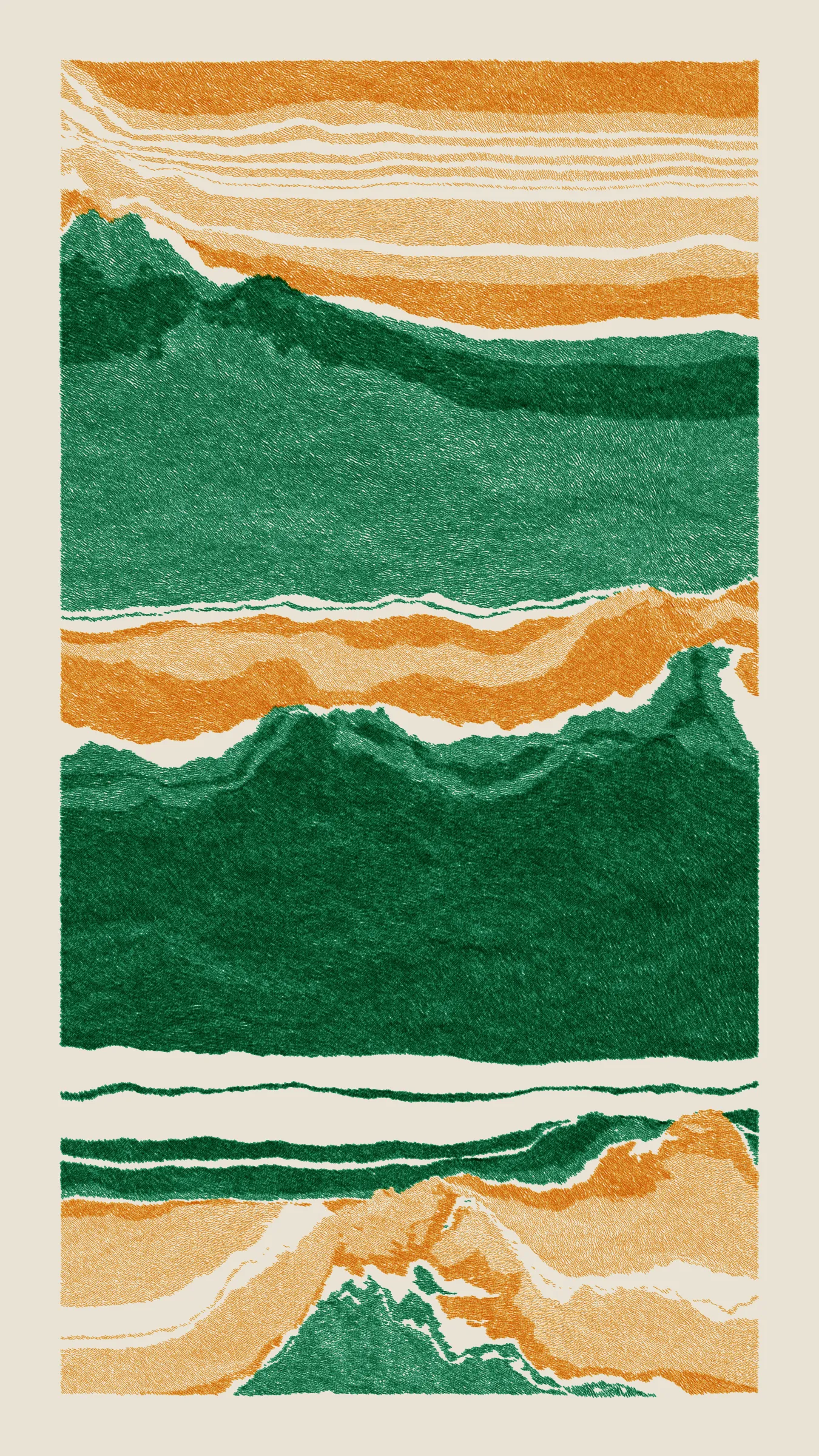 Stratified landforms constructed from many small strokes of colour. The hash of each token describes a coordinate within a multidimensional generative space, locating a unique composition that lies along one of many possible longitudes.