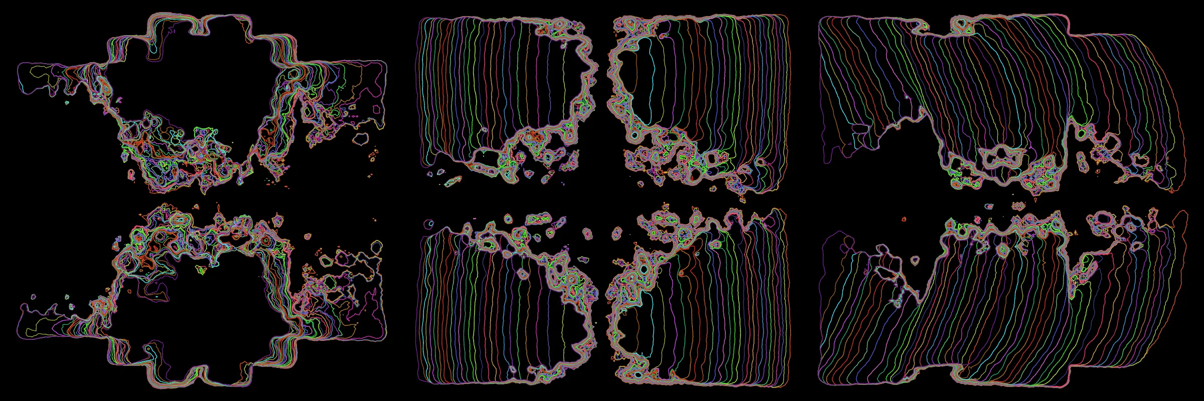 Primordial presents forms as diverse as those found in the natural world. The emergent system powering Primordial is capable of generating this diversity but is hard to control. After the initial generation there is a curation step; forms must meet certain criteria or the algorithm replaces them.

The forms produced by Primordial are presented in a triptych, as comparing multiple outputs is fundamental to understanding a generative algorithm. Primordial attempts to generate triptychs where the individual forms are related, and the results can be surprisingly harmonious or discordant.

Once the triptych is finalized, click on one of the forms to redraw a previous image. Press s to save the entire triptych, or 1-3 to save an individual image.
