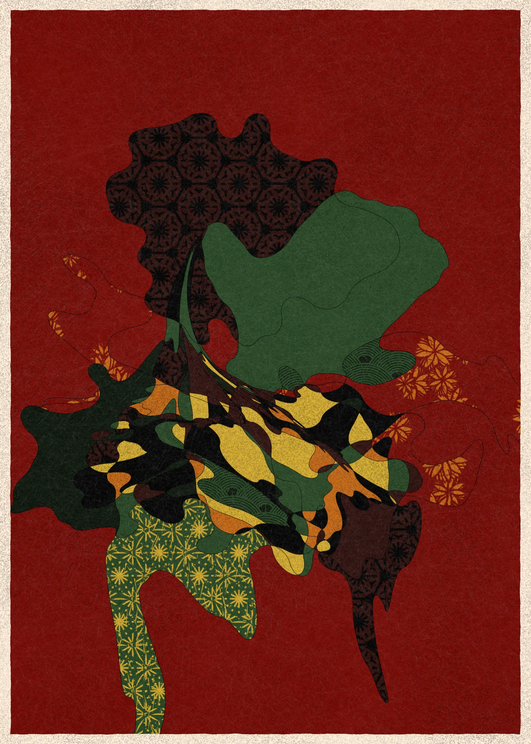 Memories of Qilin is inspired by traditional East Asian art. It channels the sense of movement and fluidity found in classical Chinese brushwork, while drawing from the colors, patterns, and forms of ukiyo-e woodblock prints. 

The series explores elements of folklore, evoking the mythological imagery of dragons, phoenixes, flowers, and mountains.  The title references a fabled chimerical beast found throughout East Asian mythology (while the qilin is its Chinese name, it is also known in Korea as the girin and Japan as the kirin) that represents prosperity and luck.

Viewers are invited to interpret elusive forms that verge on representation. As with the stories passed on through generations, each piece is imagined, organic, and ever-in-flux.