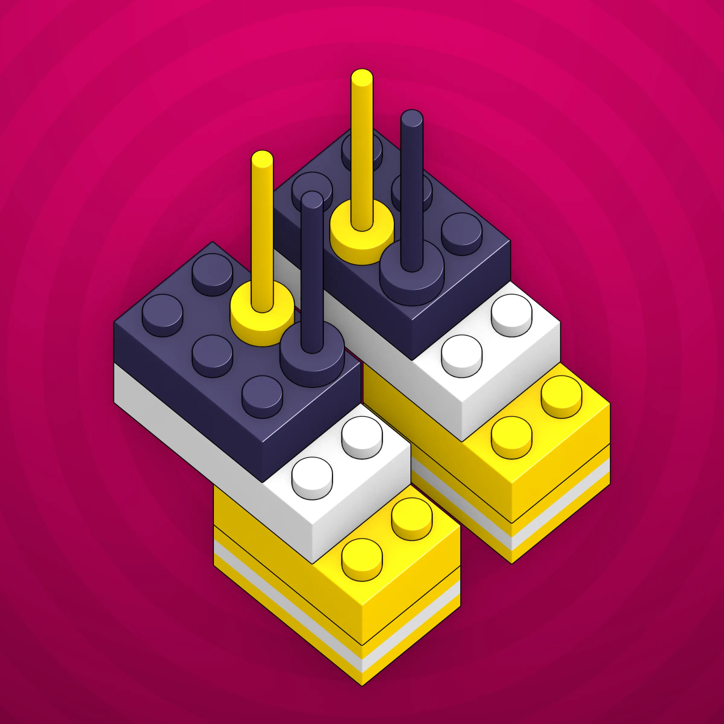 The project focuses on how easily one assigns meaning to seemingly random combinations of blocks, giving them personality and creating emotional connections.

I was inspired by Ringers, in which people see animals and other characters. I wanted to amplify this quality, and the idea of sculptures made of blocks clicked! Endless combinations, funny characters, and my passion for cubes, voxels, and modular systems.

To make the sculptures, I used technique of hybrid voxel raymarching, so we can say, the sculptures are made of colored void in a reflected space. Some of them may seem impossible due to the lack of perspective, but sooner or later it all clicks! It helps to keep in mind that all shapes are symmetrical.

The script uses modern features of GPU so it's supposed to work only on desktop: Chrome, Firefox or Safari