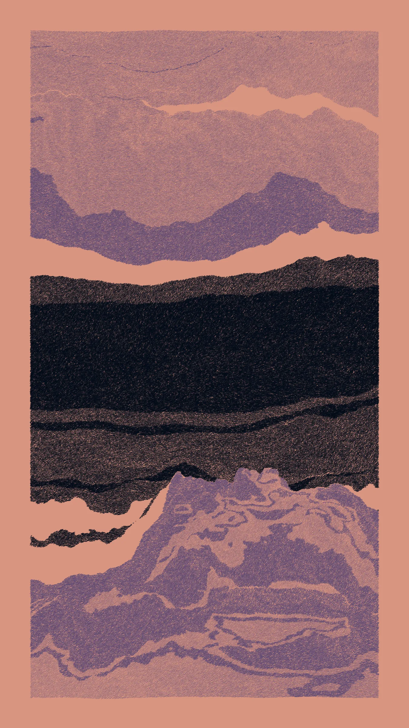 Stratified landforms constructed from many small strokes of colour. The hash of each token describes a coordinate within a multidimensional generative space, locating a unique composition that lies along one of many possible longitudes.