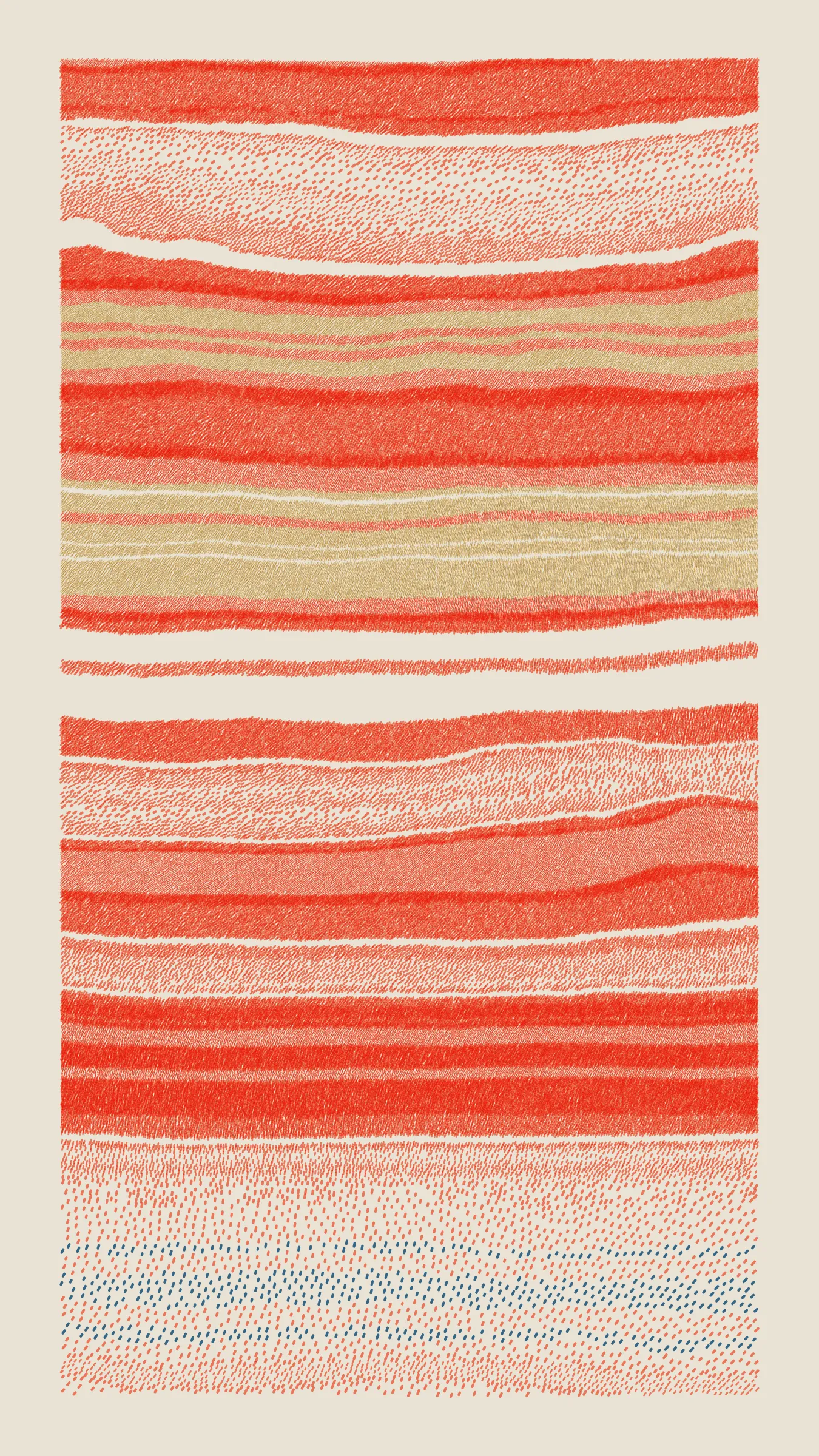 Stratified landforms constructed from many small strokes of colour. The hash of each token describes a coordinate within a multidimensional generative space, locating a unique composition that lies along one of many possible longitudes.