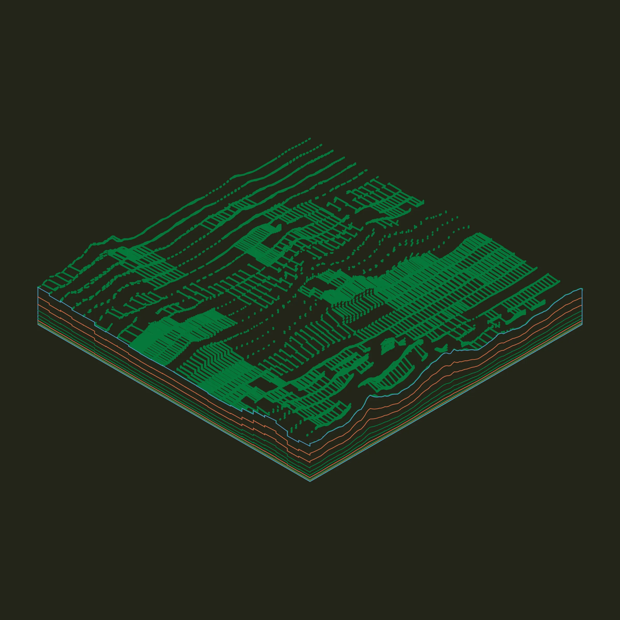 A generative algorithm that draws the impression of a landscape from a multitude of possibilities. The unique seed from each token drives the parametric assortment of lines, colors, and forms into a constructed composition.