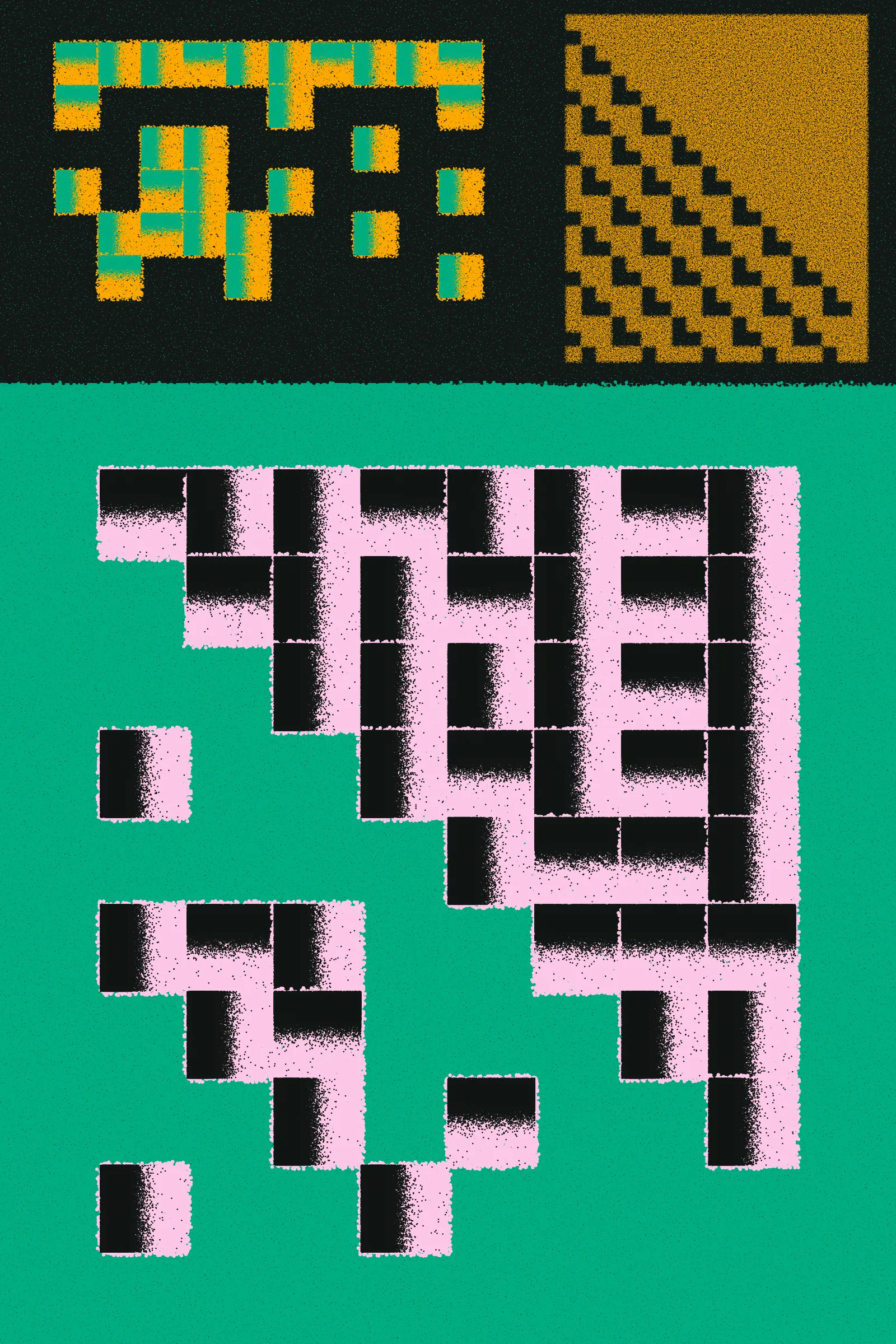 Fermented Fruit is a generative art series designed to live on the Ethereum blockchain and to be rendered in real-time by the browser. Just as food is transformed by microorganisms during the process of fermentation, the substrate of the HTML canvas is broken up into parts and transformed by cellular patterns. The project features the simulated lifeforms of cellular automata that evolve and shape-shift down an asymmetrical grid. The final artwork juxtaposes a number of textured cellular automata patterns against one another within a singular composition.