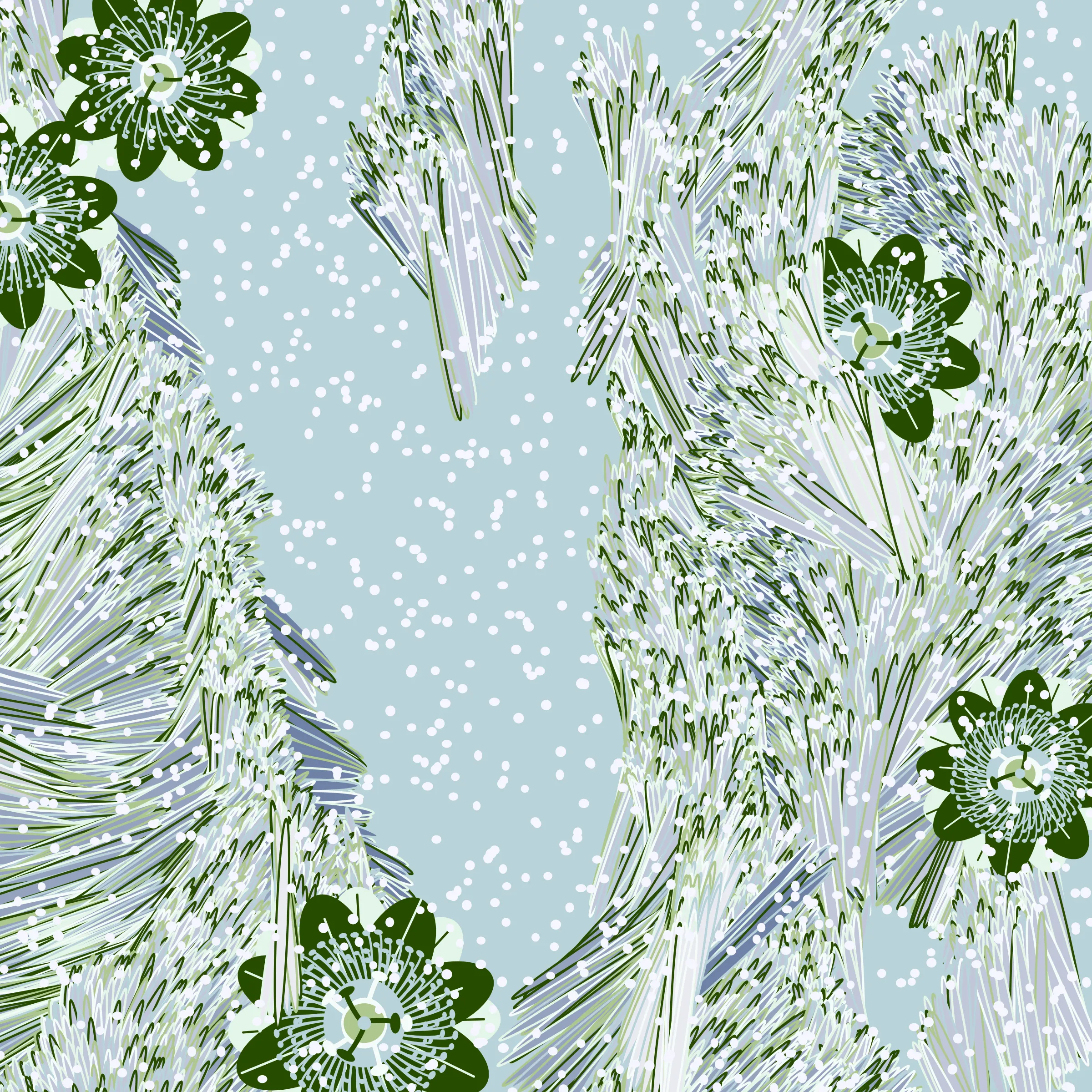 “Fragments of an infinite field” is a compositional system in which an idealized plant species is generated and arranged in a potentially infinite field of foliage. The main environmental parameter of the composition is the determination of a season of the year. The season determines the landscape’s colors and defines specific phenomena for each of them, such as rain in summer, snow in winter, petals falling in autumn, and pollen in spring. The flower has several possible variables, which can be macro aspects, affecting the entire population of the species, or micro, affecting each individual of the species differently. For example, the number of petals can be equal in all individuals or not. The number of filaments and other structures of the flower can undergo minor deviations, generating small mutations. The confusion between the figure (plant) and the background (earth, sky, other natural elements) is fascinating from a compositional point of view. The background colors are, most of the time, colors present in the figures, often breaking the boundary between them and, therefore, generating chromatic masses. In this project I also intend to research the following question: How to create parameters that resemble a living organism's growth? In this sense, the project approaches digital morphogenesis and the development of procedural organisms.