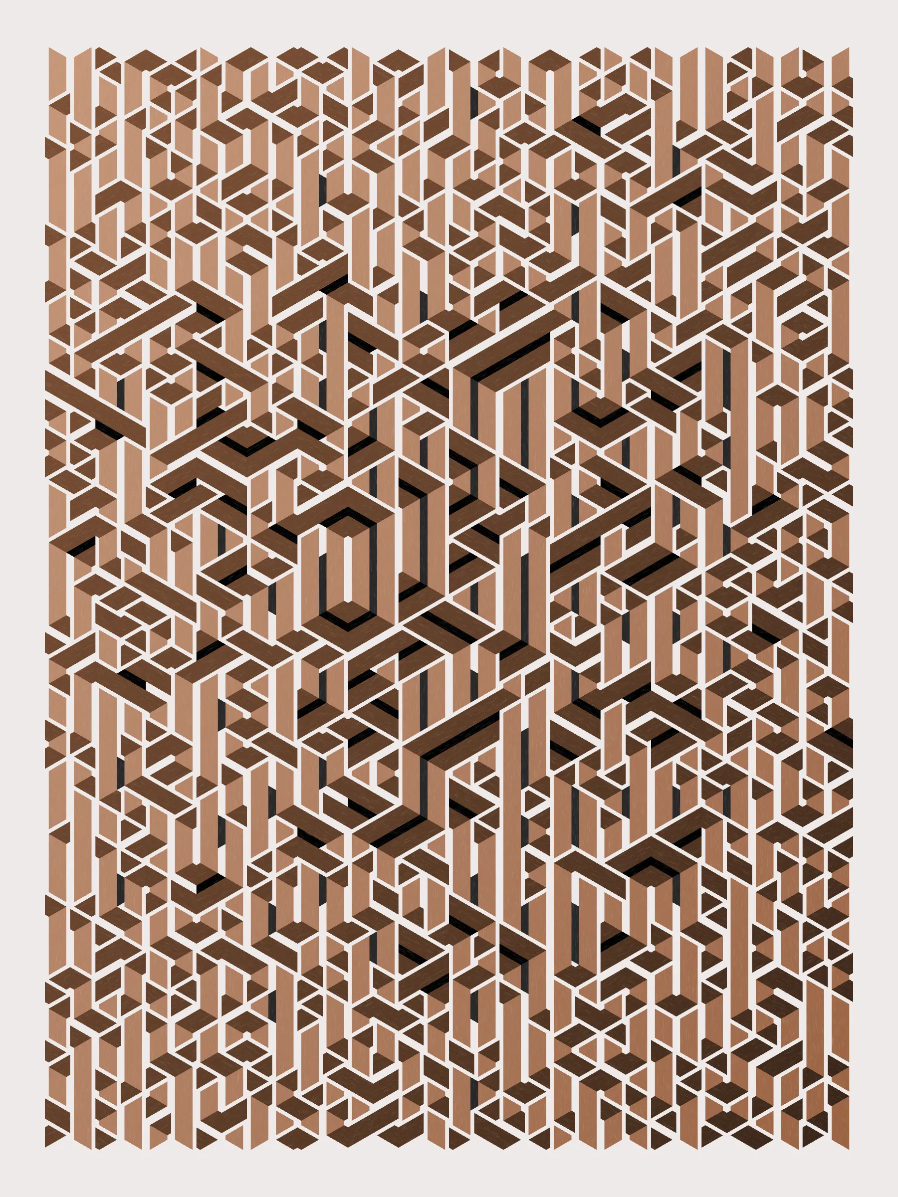 Lines are bent and shaded. There are no wrong turns. 

[Interaction in live view: press 1-7 or left/right arrow keys to see the stages of sketch construction: 1-grid, 2-divide, 3-tile, 4-bend, 5-shade, 6-color, 7-texture].