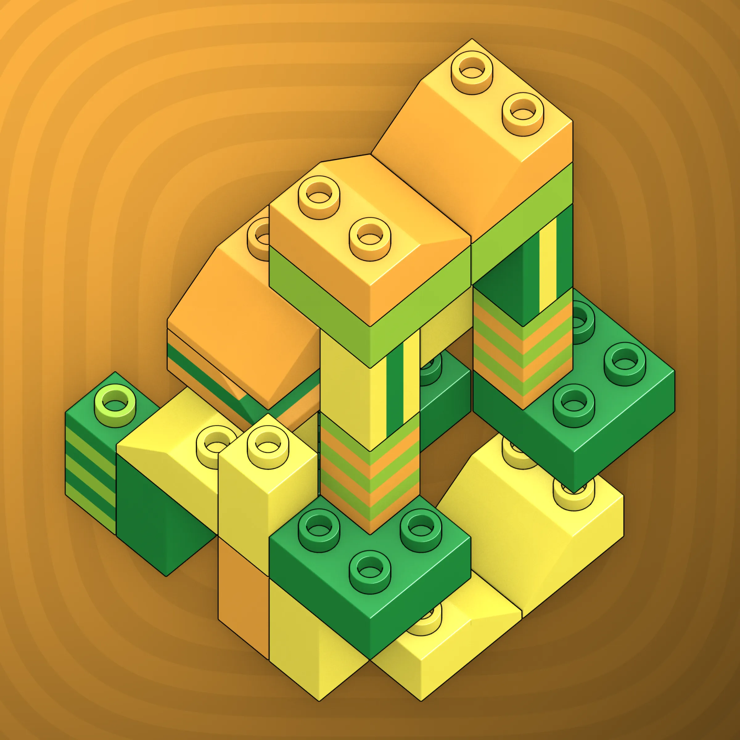 The project focuses on how easily one assigns meaning to seemingly random combinations of blocks, giving them personality and creating emotional connections.

I was inspired by Ringers, in which people see animals and other characters. I wanted to amplify this quality, and the idea of sculptures made of blocks clicked! Endless combinations, funny characters, and my passion for cubes, voxels, and modular systems.

To make the sculptures, I used technique of hybrid voxel raymarching, so we can say, the sculptures are made of colored void in a reflected space. Some of them may seem impossible due to the lack of perspective, but sooner or later it all clicks! It helps to keep in mind that all shapes are symmetrical.

The script uses modern features of GPU so it's supposed to work only on desktop: Chrome, Firefox or Safari