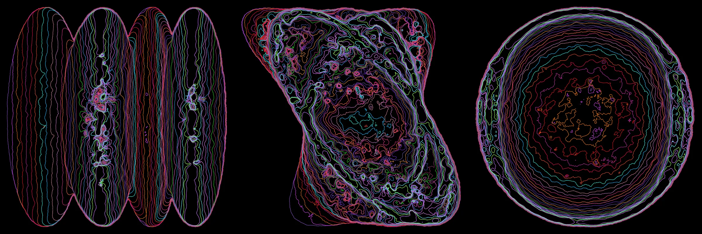 Primordial presents forms as diverse as those found in the natural world. The emergent system powering Primordial is capable of generating this diversity but is hard to control. After the initial generation there is a curation step; forms must meet certain criteria or the algorithm replaces them.

The forms produced by Primordial are presented in a triptych, as comparing multiple outputs is fundamental to understanding a generative algorithm. Primordial attempts to generate triptychs where the individual forms are related, and the results can be surprisingly harmonious or discordant.

Once the triptych is finalized, click on one of the forms to redraw a previous image. Press s to save the entire triptych, or 1-3 to save an individual image.