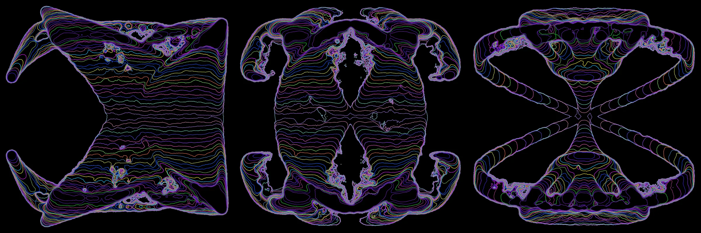 Primordial presents forms as diverse as those found in the natural world. The emergent system powering Primordial is capable of generating this diversity but is hard to control. After the initial generation there is a curation step; forms must meet certain criteria or the algorithm replaces them.

The forms produced by Primordial are presented in a triptych, as comparing multiple outputs is fundamental to understanding a generative algorithm. Primordial attempts to generate triptychs where the individual forms are related, and the results can be surprisingly harmonious or discordant.

Once the triptych is finalized, click on one of the forms to redraw a previous image. Press s to save the entire triptych, or 1-3 to save an individual image.