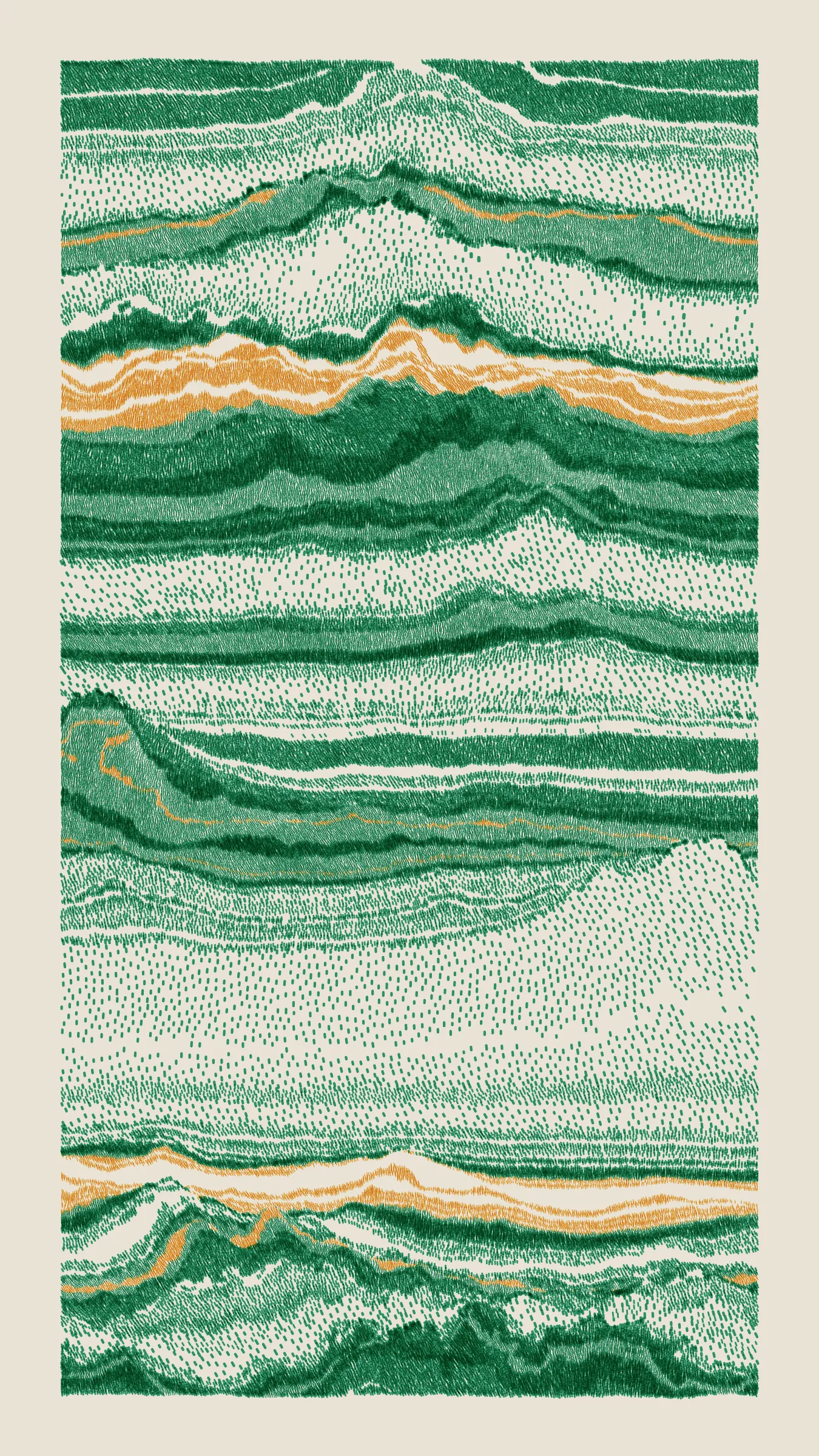 Stratified landforms constructed from many small strokes of colour. The hash of each token describes a coordinate within a multidimensional generative space, locating a unique composition that lies along one of many possible longitudes.