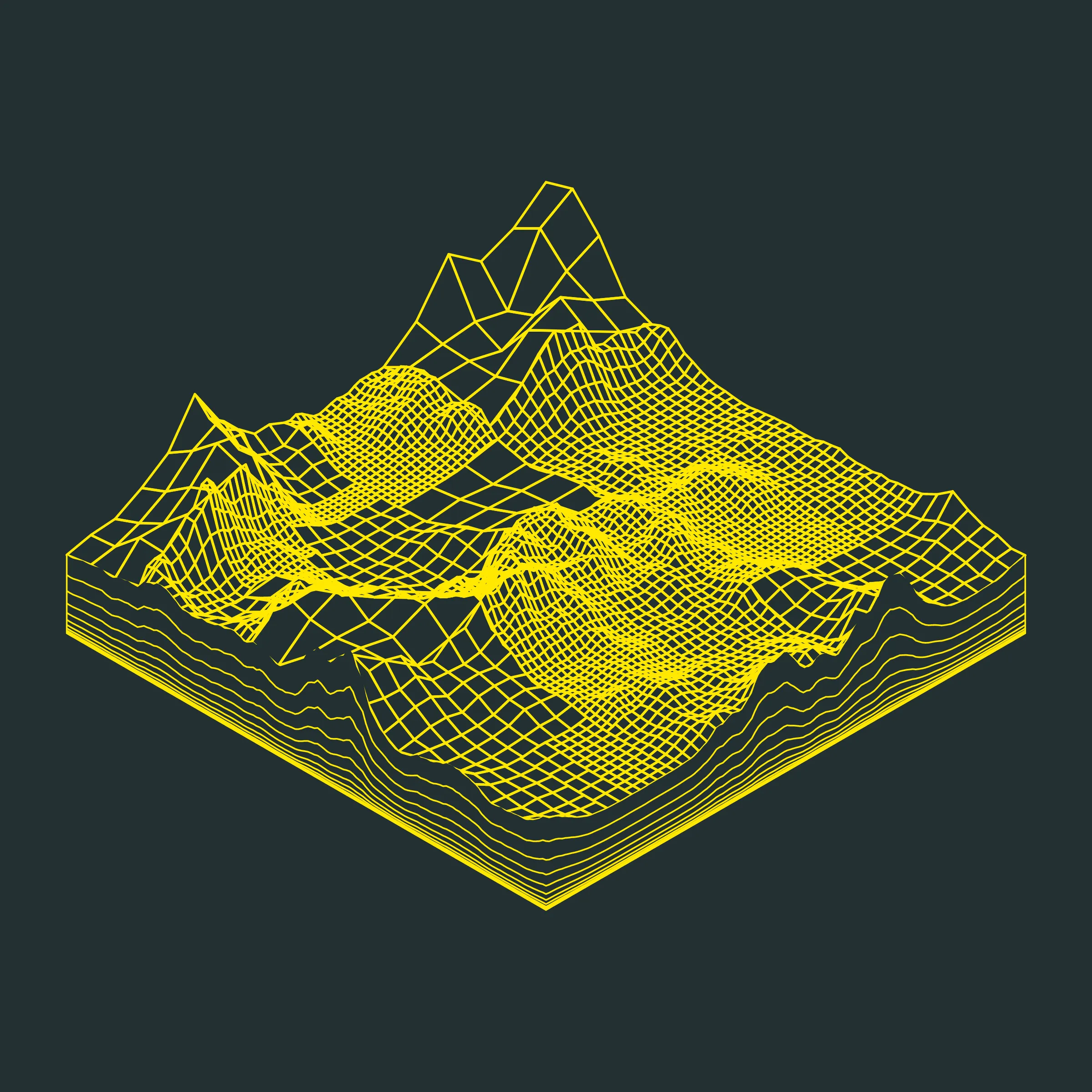 A generative algorithm that draws the impression of a landscape from a multitude of possibilities. The unique seed from each token drives the parametric assortment of lines, colors, and forms into a constructed composition.