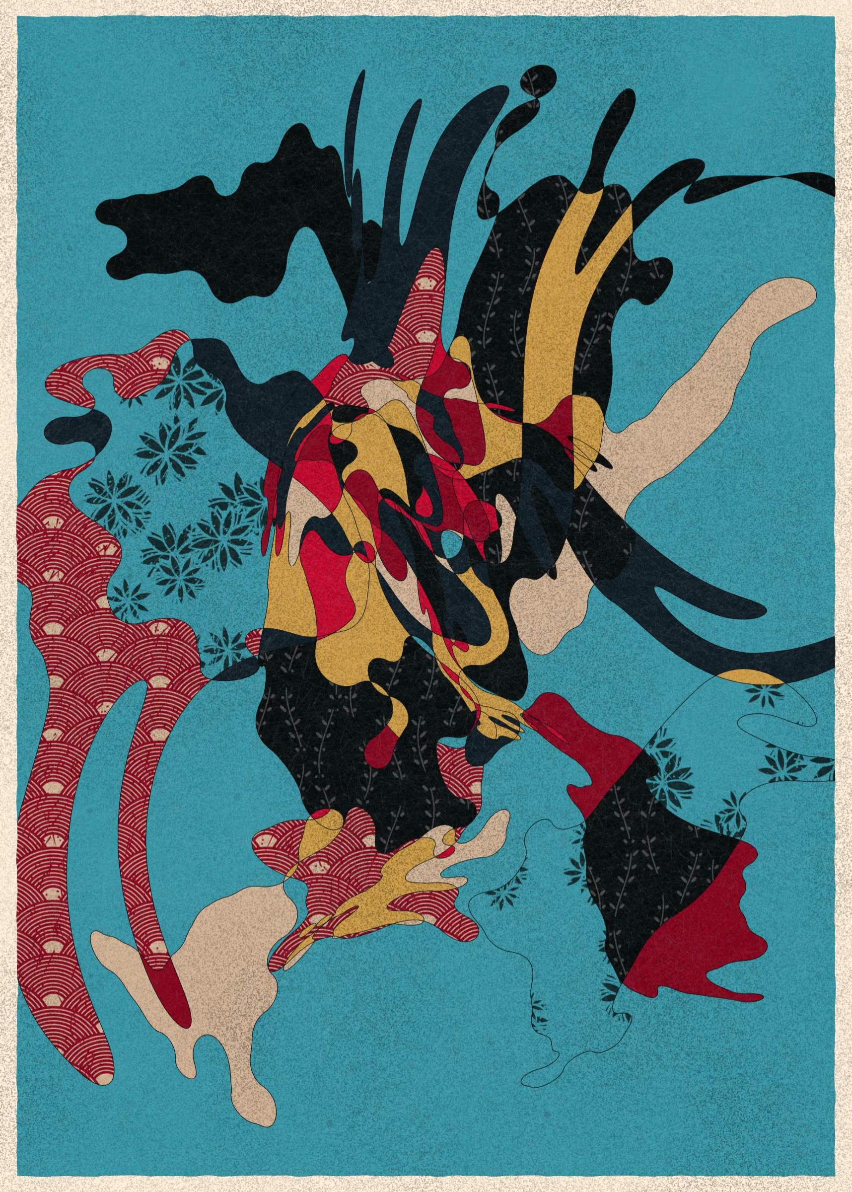 Memories of Qilin is inspired by traditional East Asian art. It channels the sense of movement and fluidity found in classical Chinese brushwork, while drawing from the colors, patterns, and forms of ukiyo-e woodblock prints. 

The series explores elements of folklore, evoking the mythological imagery of dragons, phoenixes, flowers, and mountains.  The title references a fabled chimerical beast found throughout East Asian mythology (while the qilin is its Chinese name, it is also known in Korea as the girin and Japan as the kirin) that represents prosperity and luck.

Viewers are invited to interpret elusive forms that verge on representation. As with the stories passed on through generations, each piece is imagined, organic, and ever-in-flux.