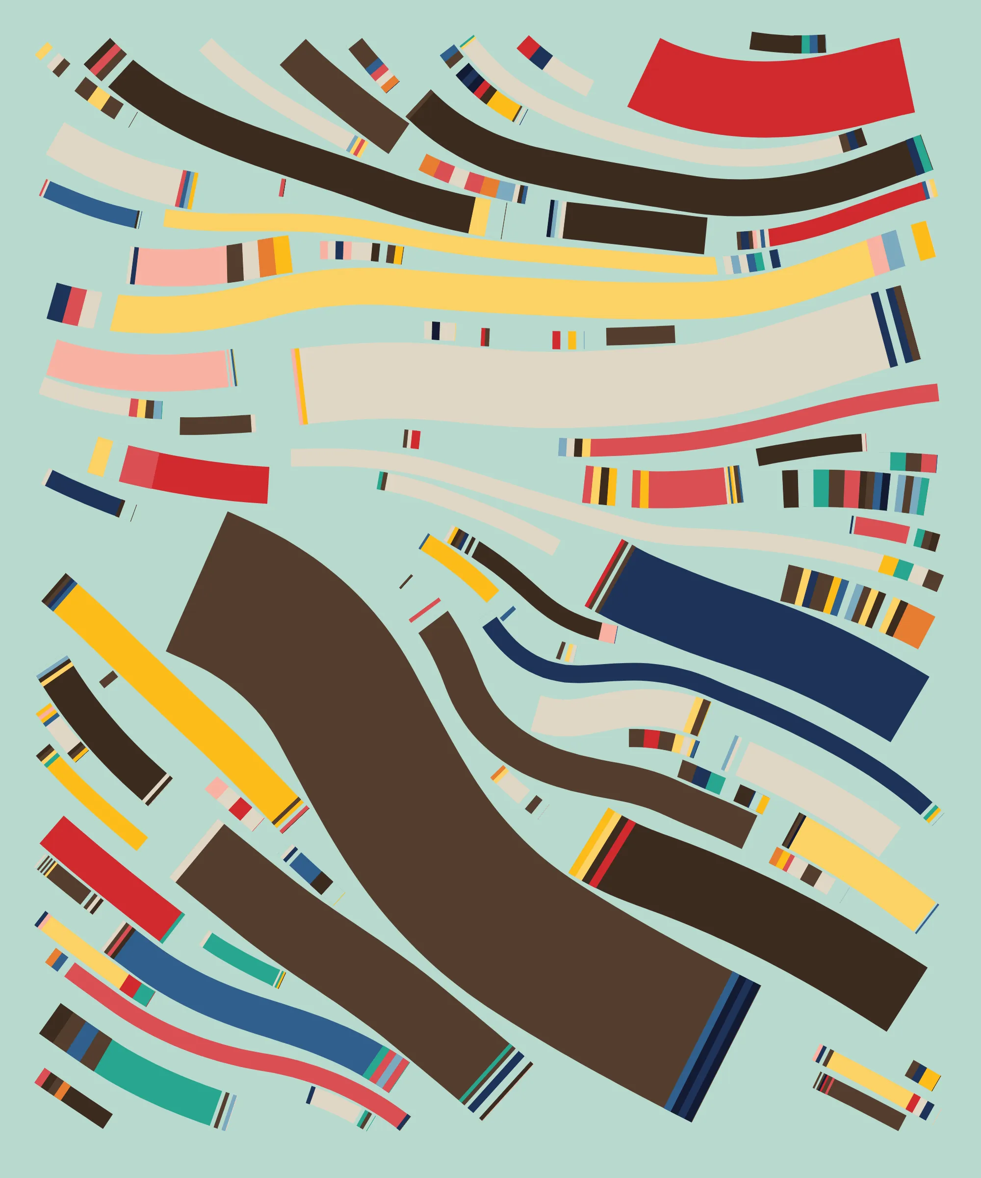Fidenza is by far my most versatile algorithm to date. Although the program stays focused on structured curves and blocks, the varieties of scale, organization, texture, and color usage it can employ create a wide array of generative possibilities.