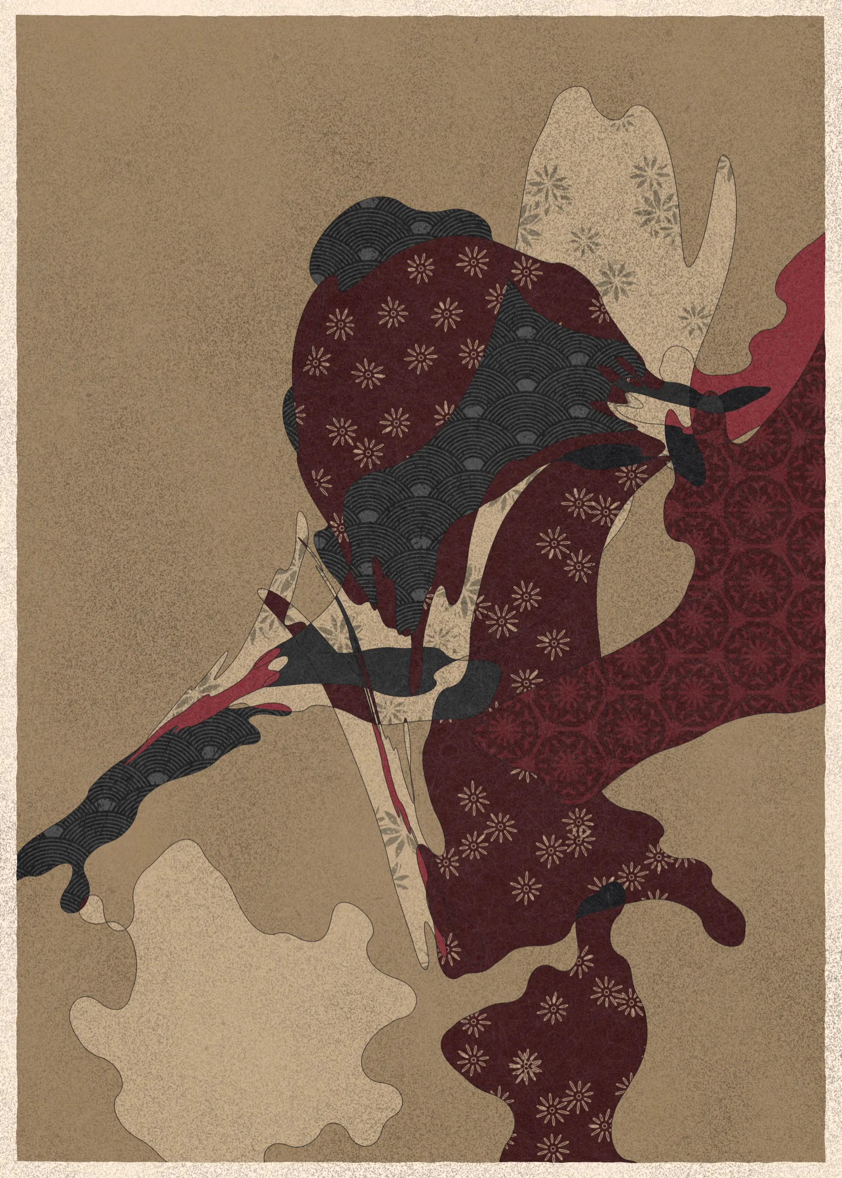 Memories of Qilin is inspired by traditional East Asian art. It channels the sense of movement and fluidity found in classical Chinese brushwork, while drawing from the colors, patterns, and forms of ukiyo-e woodblock prints. 

The series explores elements of folklore, evoking the mythological imagery of dragons, phoenixes, flowers, and mountains.  The title references a fabled chimerical beast found throughout East Asian mythology (while the qilin is its Chinese name, it is also known in Korea as the girin and Japan as the kirin) that represents prosperity and luck.

Viewers are invited to interpret elusive forms that verge on representation. As with the stories passed on through generations, each piece is imagined, organic, and ever-in-flux.