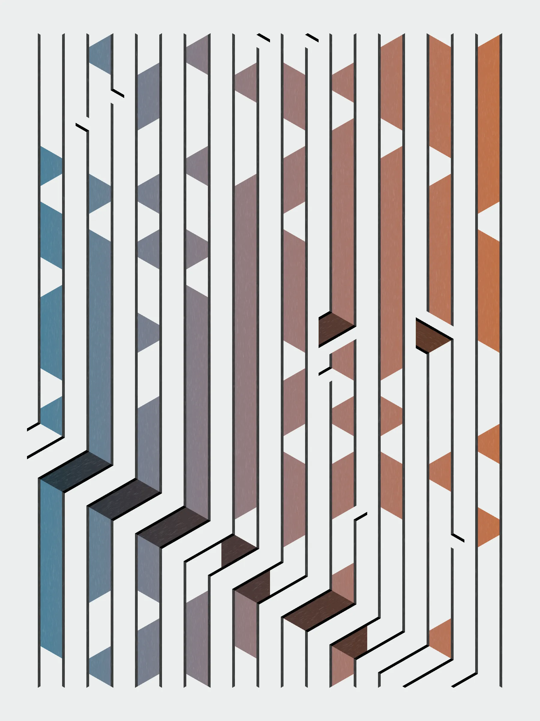 Lines are bent and shaded. There are no wrong turns. 

[Interaction in live view: press 1-7 or left/right arrow keys to see the stages of sketch construction: 1-grid, 2-divide, 3-tile, 4-bend, 5-shade, 6-color, 7-texture].