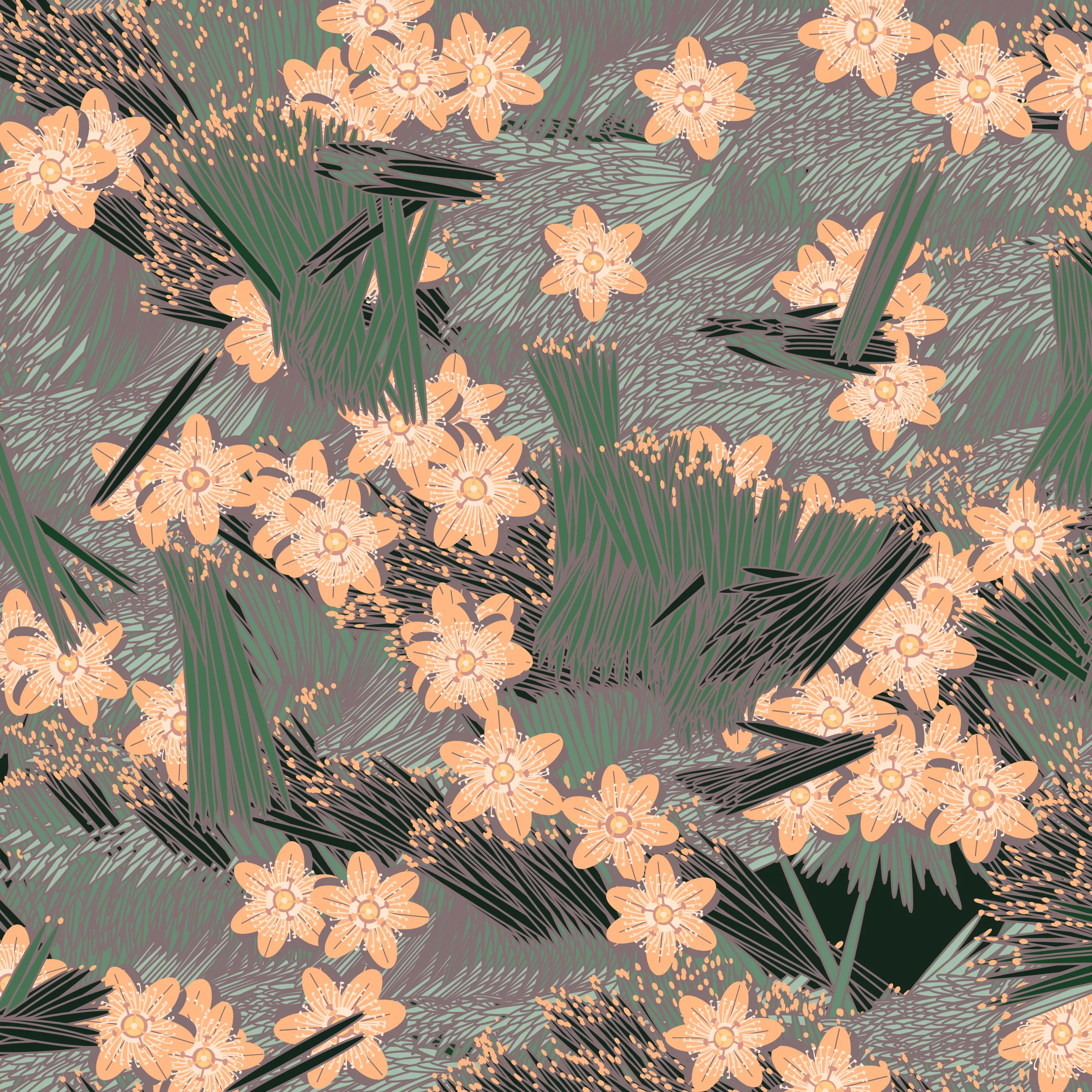 “Fragments of an infinite field” is a compositional system in which an idealized plant species is generated and arranged in a potentially infinite field of foliage. The main environmental parameter of the composition is the determination of a season of the year. The season determines the landscape’s colors and defines specific phenomena for each of them, such as rain in summer, snow in winter, petals falling in autumn, and pollen in spring. The flower has several possible variables, which can be macro aspects, affecting the entire population of the species, or micro, affecting each individual of the species differently. For example, the number of petals can be equal in all individuals or not. The number of filaments and other structures of the flower can undergo minor deviations, generating small mutations. The confusion between the figure (plant) and the background (earth, sky, other natural elements) is fascinating from a compositional point of view. The background colors are, most of the time, colors present in the figures, often breaking the boundary between them and, therefore, generating chromatic masses. In this project I also intend to research the following question: How to create parameters that resemble a living organism's growth? In this sense, the project approaches digital morphogenesis and the development of procedural organisms.