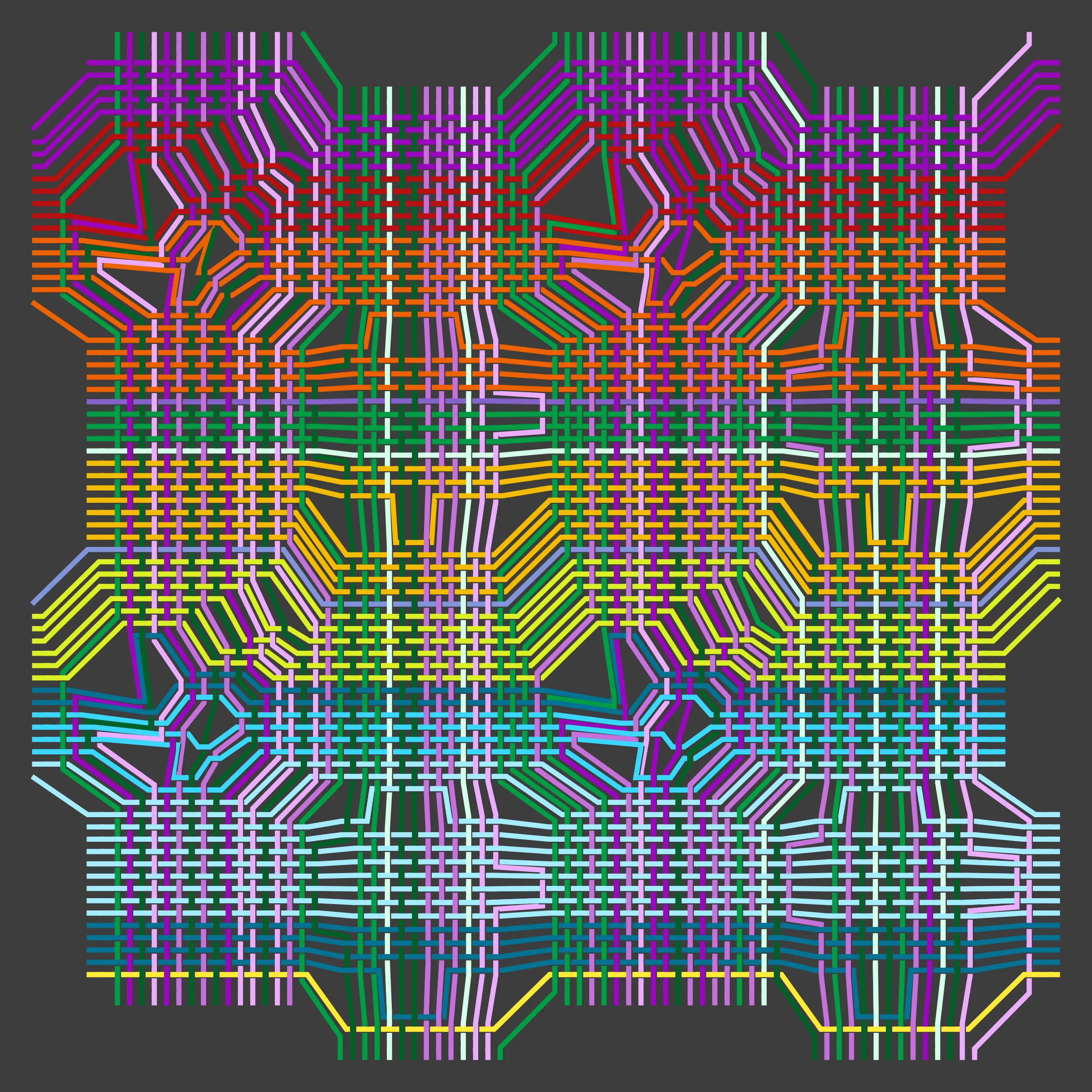 Horizontal and vertical threads weave together guided by a punching card generated at the moment of transaction. Often randomness distorts the orderly woven pattern. Thread colours are picked from a single colour palette. 10% of the sales from this drop will be donated to charity: water to bring clean and safe water to people in need.